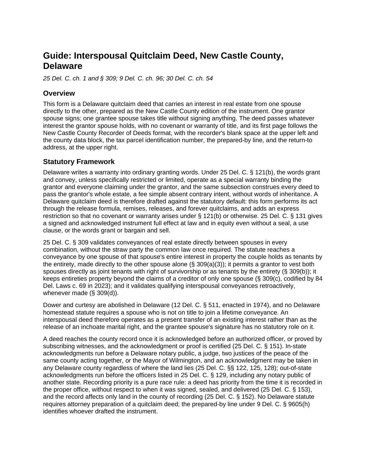 New Castle County New Castle County Quitclaim Deed (Interspousal) Guide