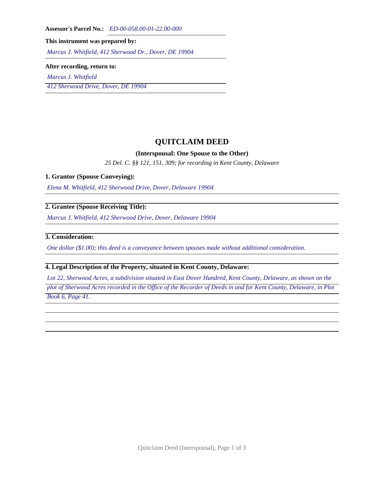 Kent County Kent County Completed Example of the Quitclaim Deed (Interspousal) Document
