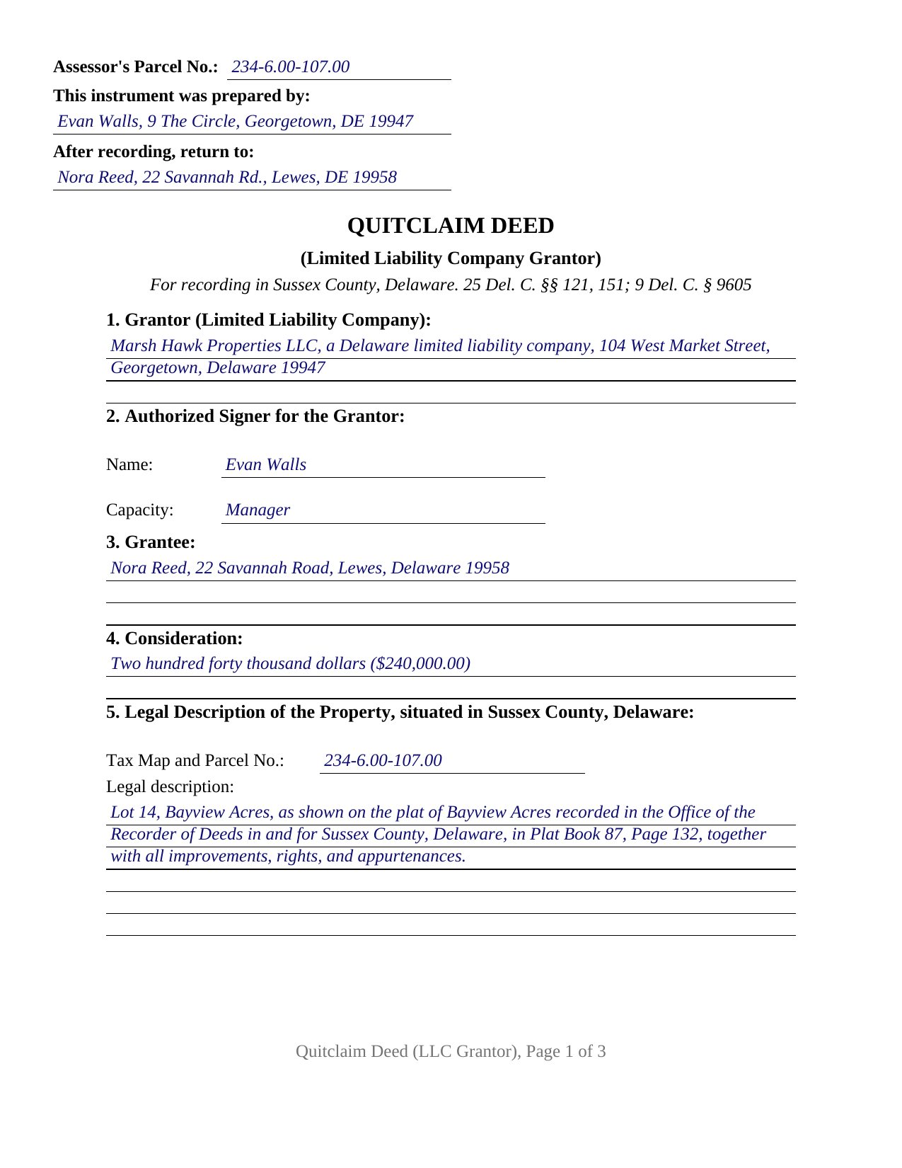 Sussex County Sussex County Completed Example of the Quitclaim Deed (LLC Grantor) Document