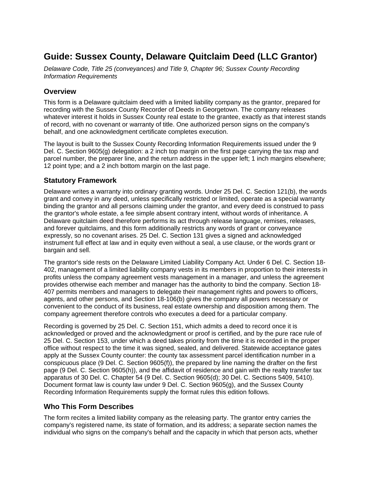 Sussex County Sussex County Quitclaim Deed (LLC Grantor) Guide