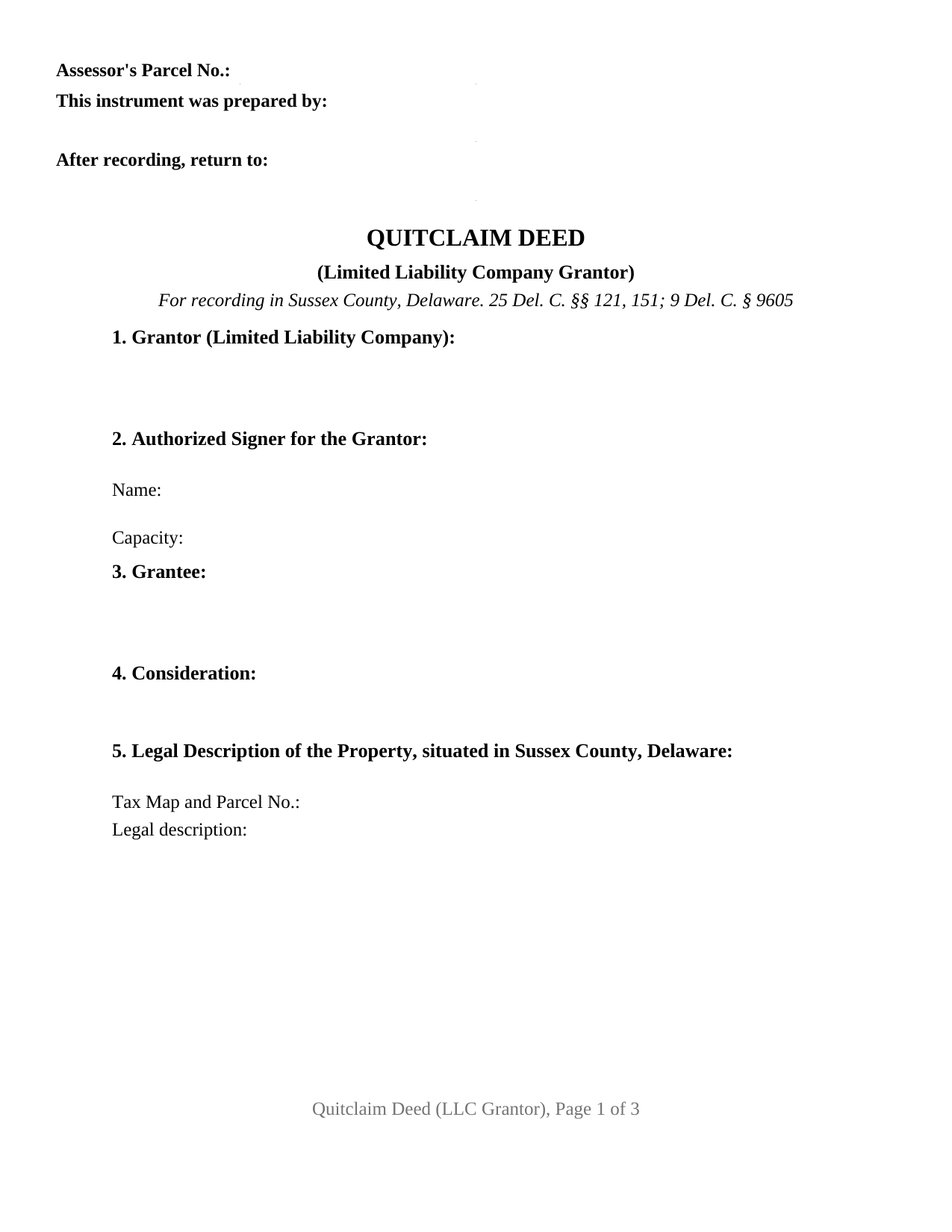 Sussex County Sussex County Quitclaim Deed (LLC Grantor) Form