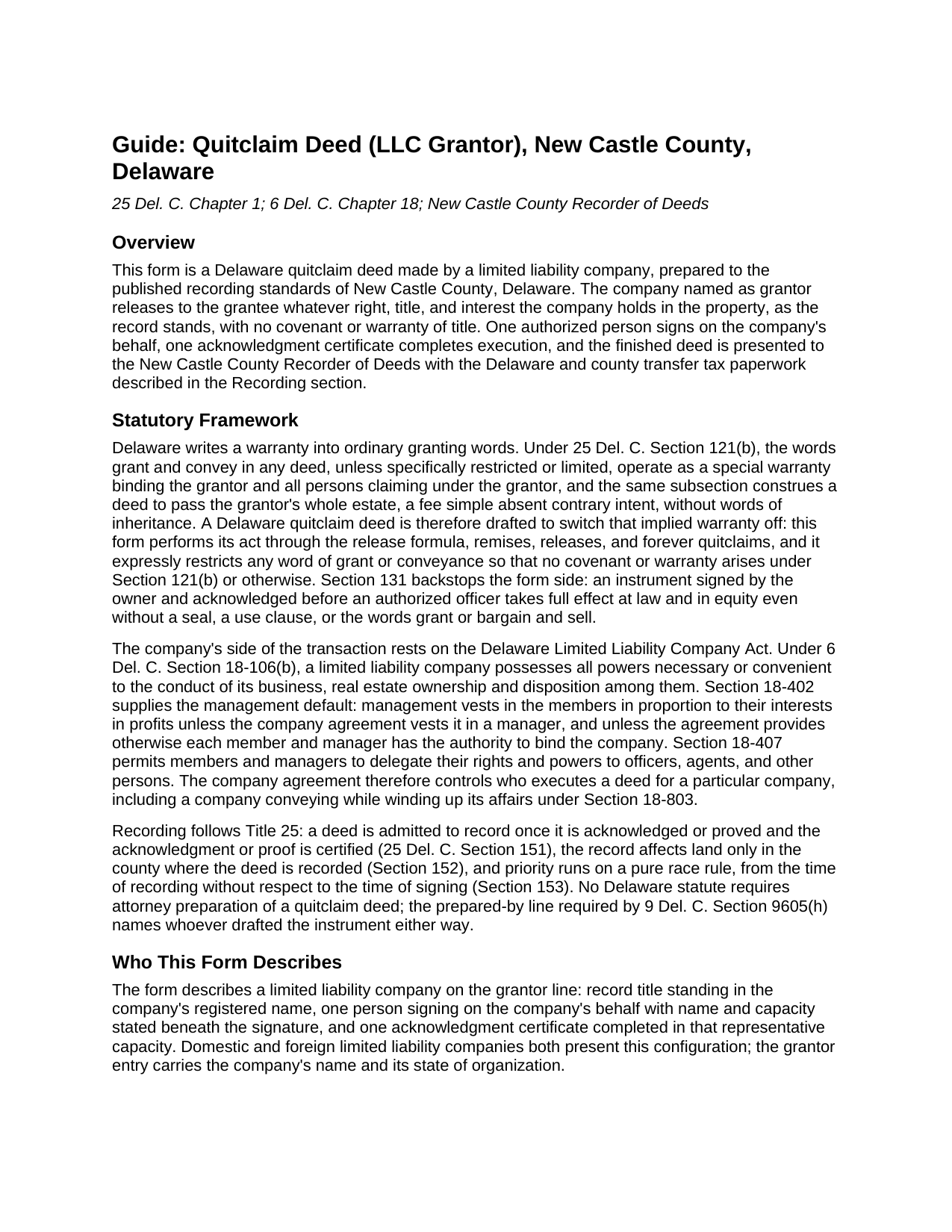 New Castle County New Castle County Quitclaim Deed (LLC Grantor) Guide