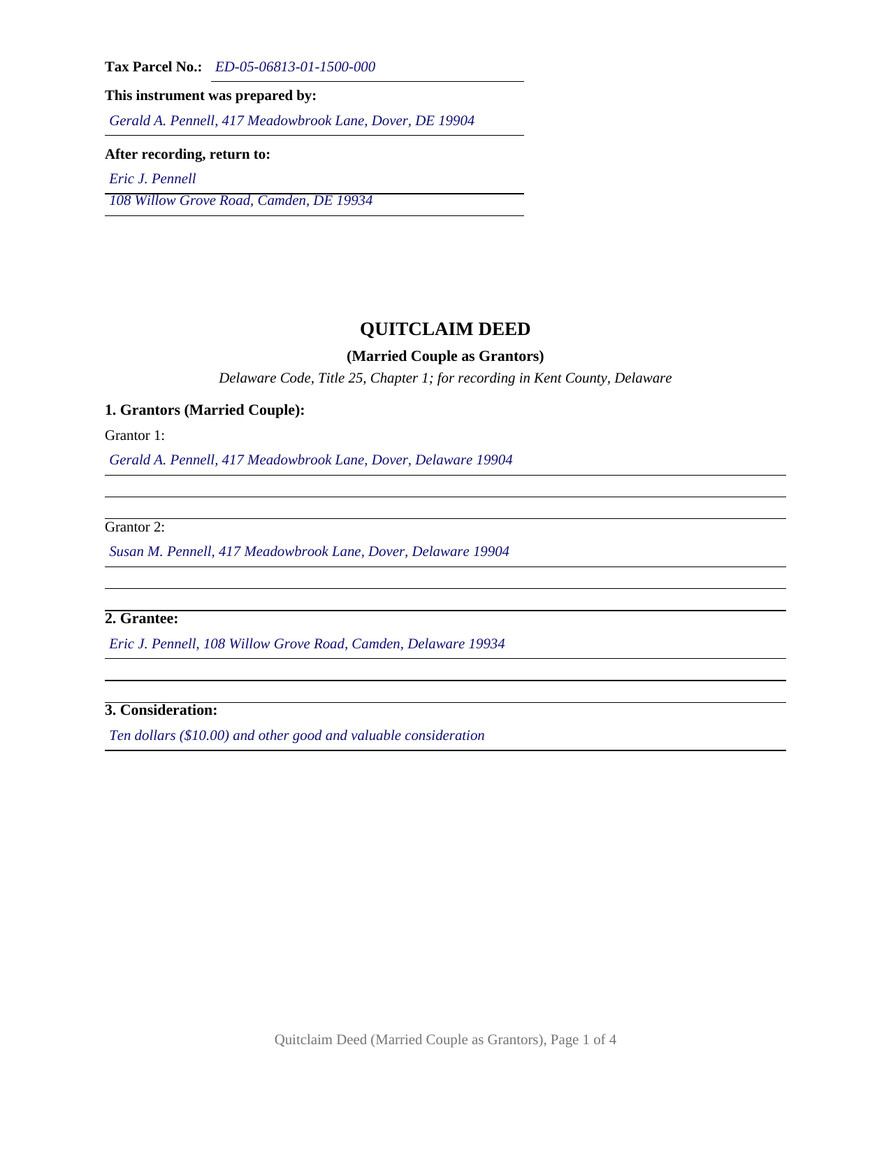 Kent County Kent County Completed Example of the Quitclaim Deed (Married Couple as Grantors) Document