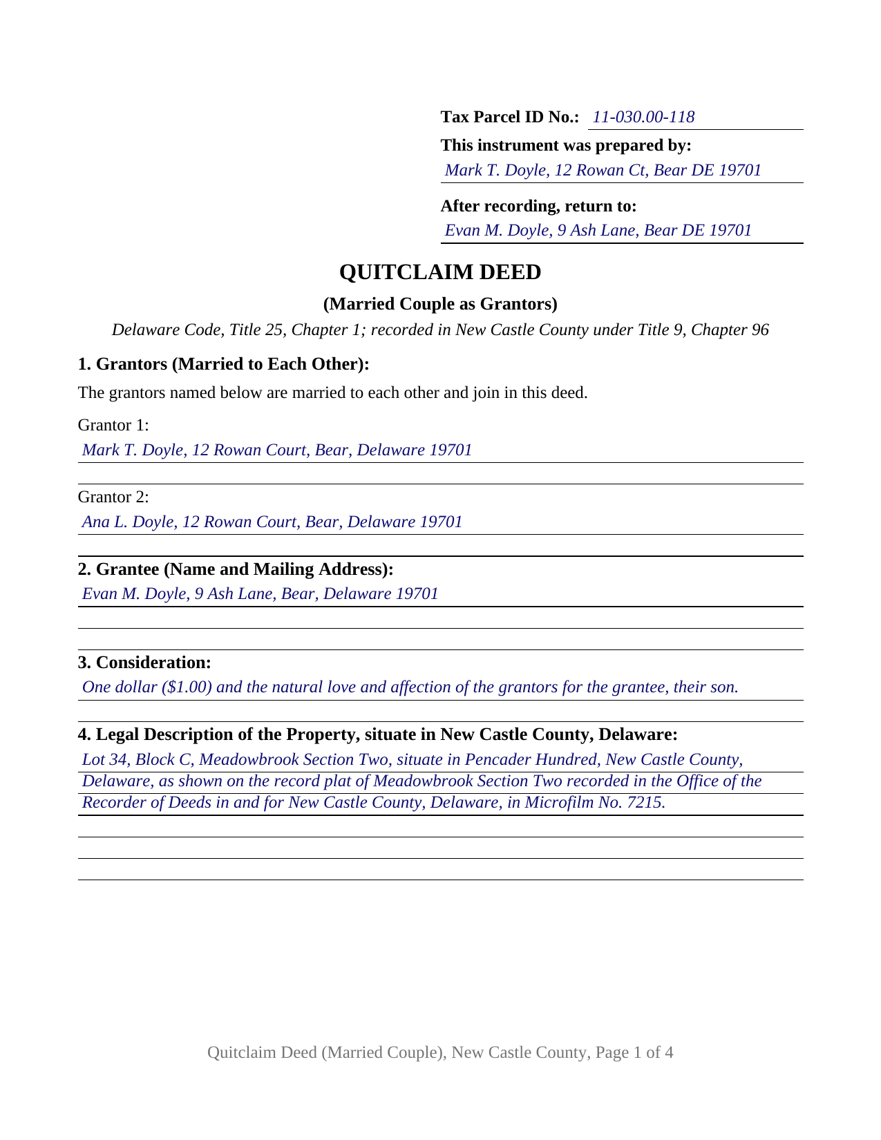 New Castle County New Castle County Completed Example of the Quitclaim Deed (Married Couple as Grantors) Document