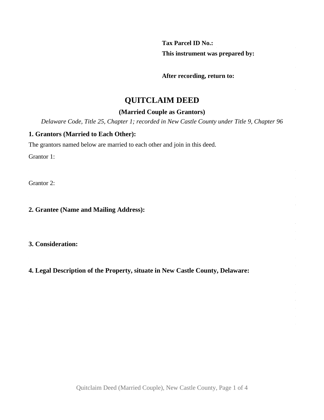 New Castle County New Castle County Quitclaim Deed (Married Couple as Grantors) Form