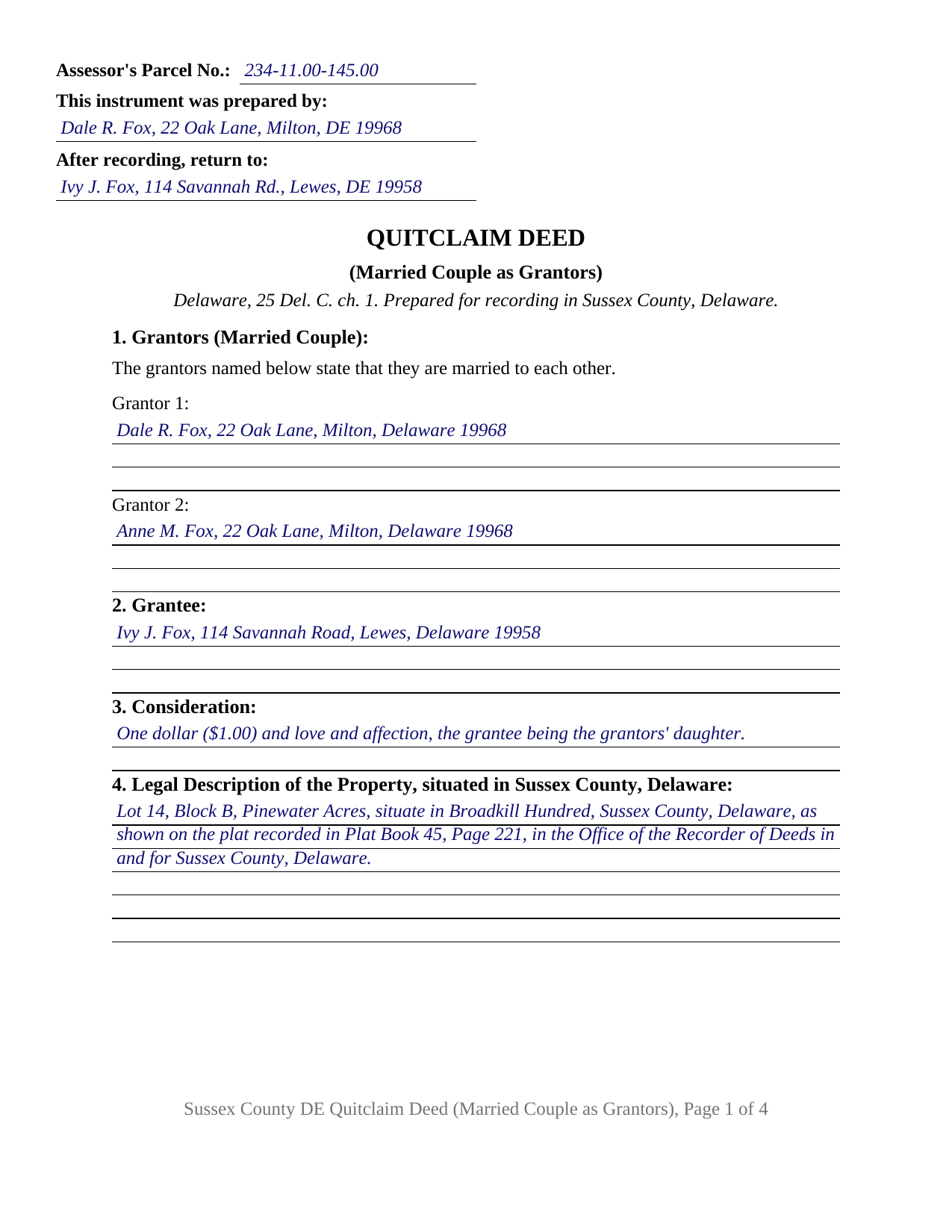 Sussex County Sussex County Completed Example of the Quitclaim Deed (Married Couple as Grantors) Document