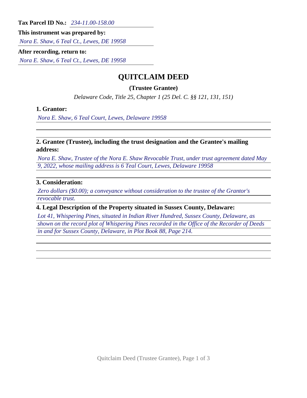 Sussex County Sussex County Completed Example of the Quitclaim Deed (Trustee Grantee) Document