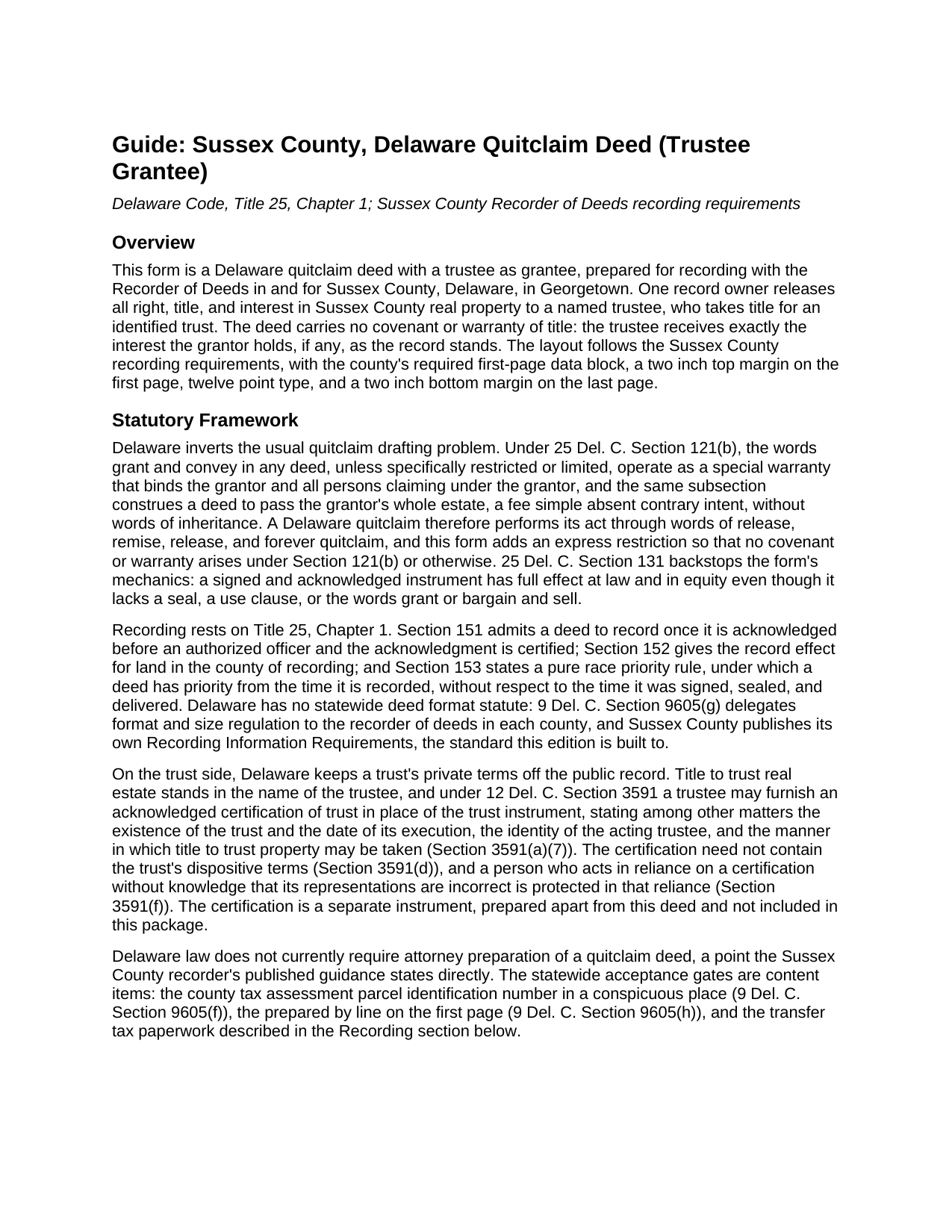 Sussex County Sussex County Quitclaim Deed (Trustee Grantee) Guide