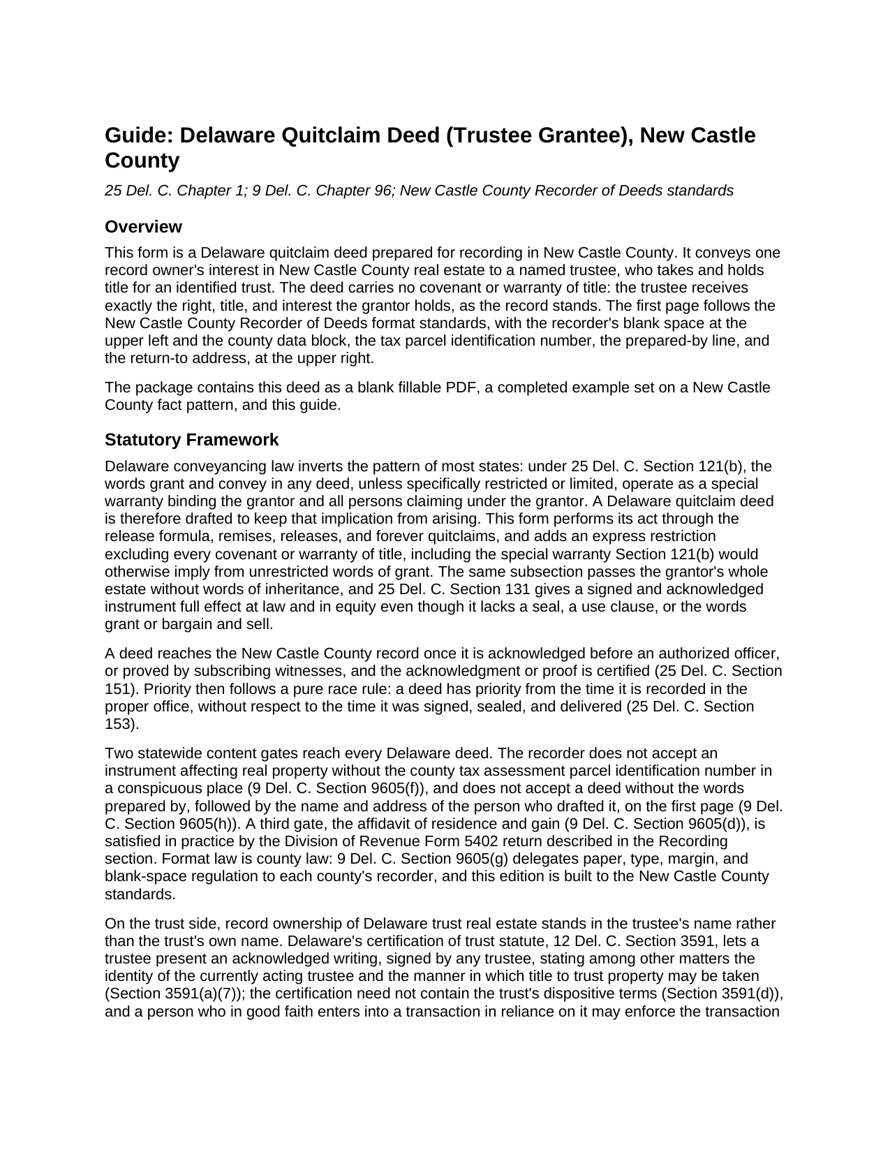 New Castle County New Castle County Quitclaim Deed (Trustee Grantee) Guide