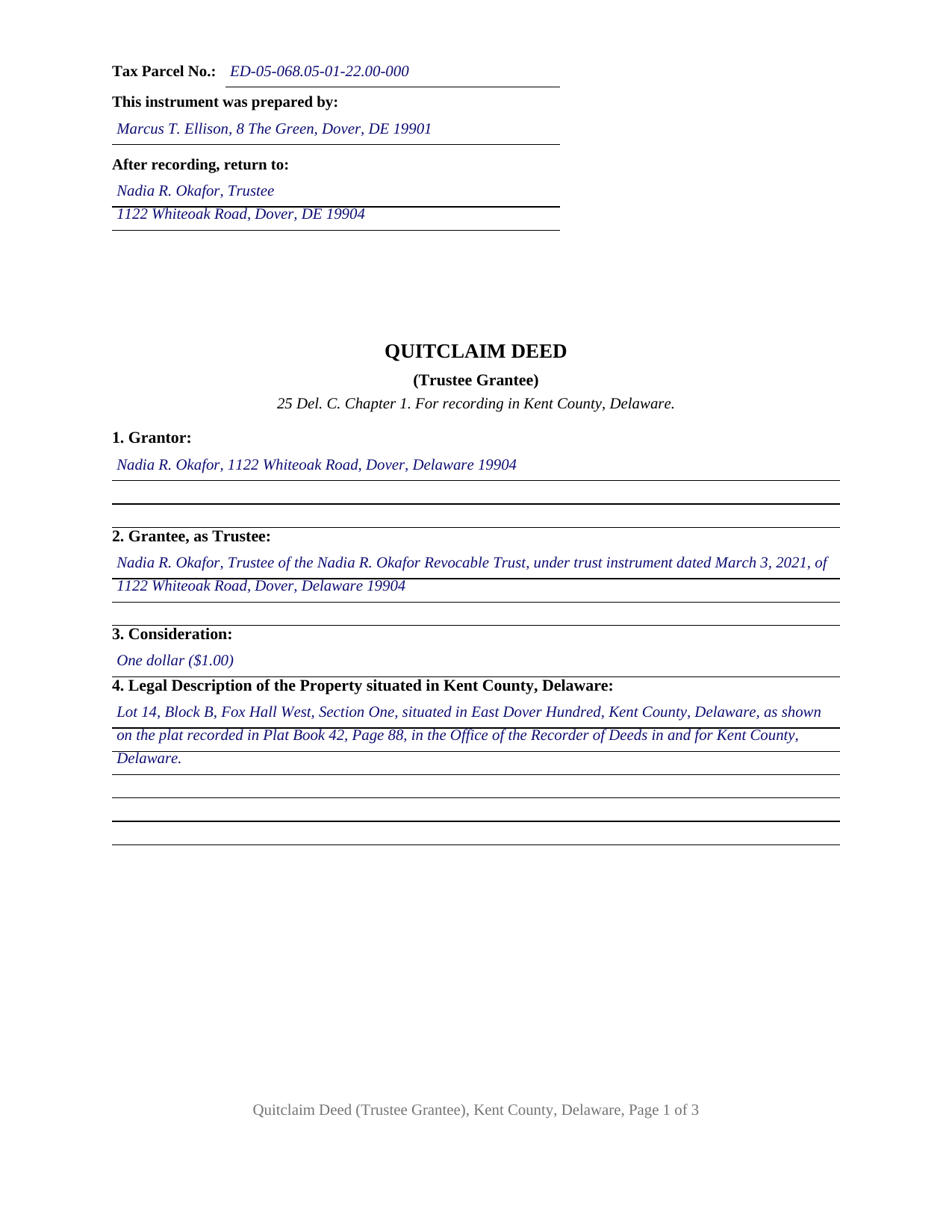 Kent County Kent County Completed Example of the Quitclaim Deed (Trustee Grantee) Document