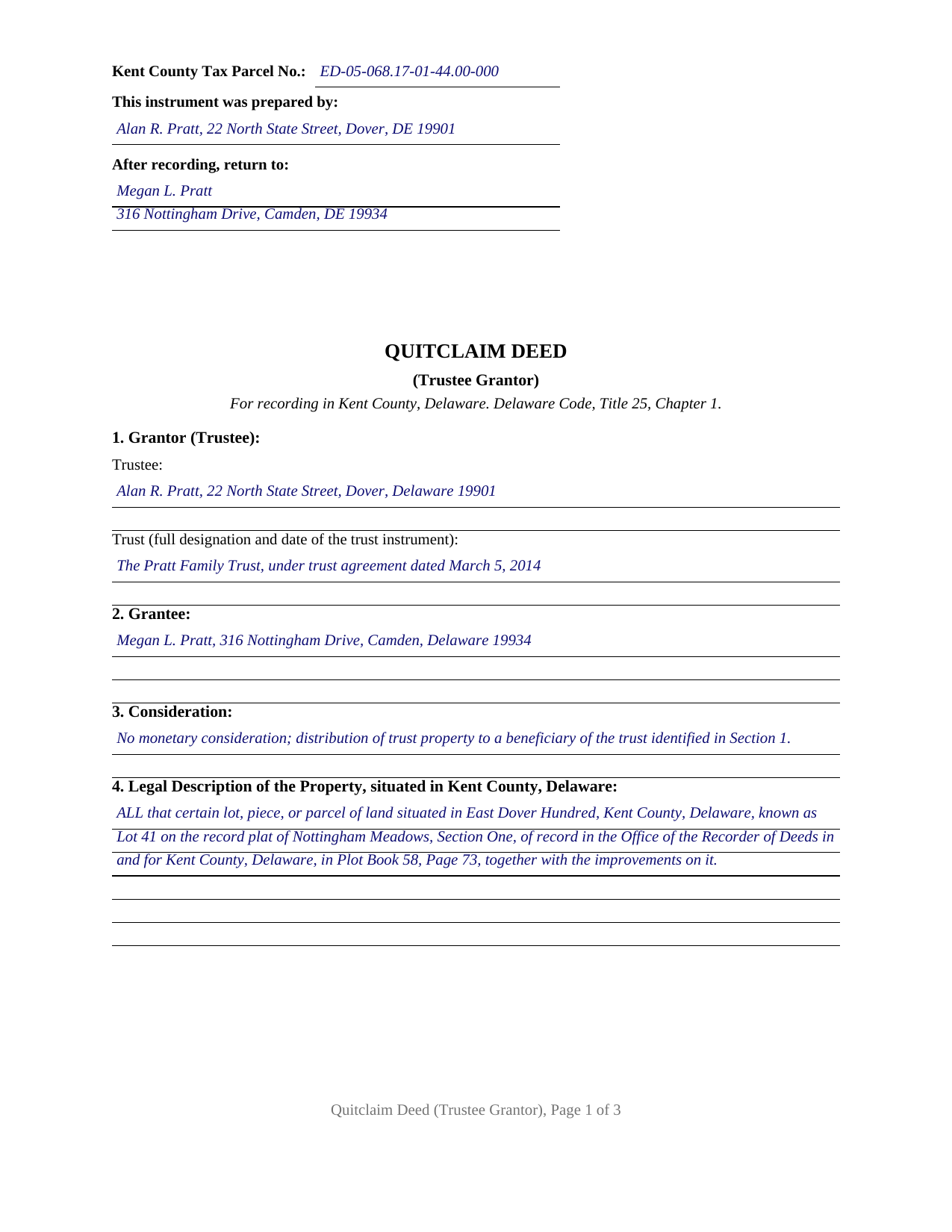 Kent County Kent County Completed Example of the Quitclaim Deed (Trustee Grantor) Document