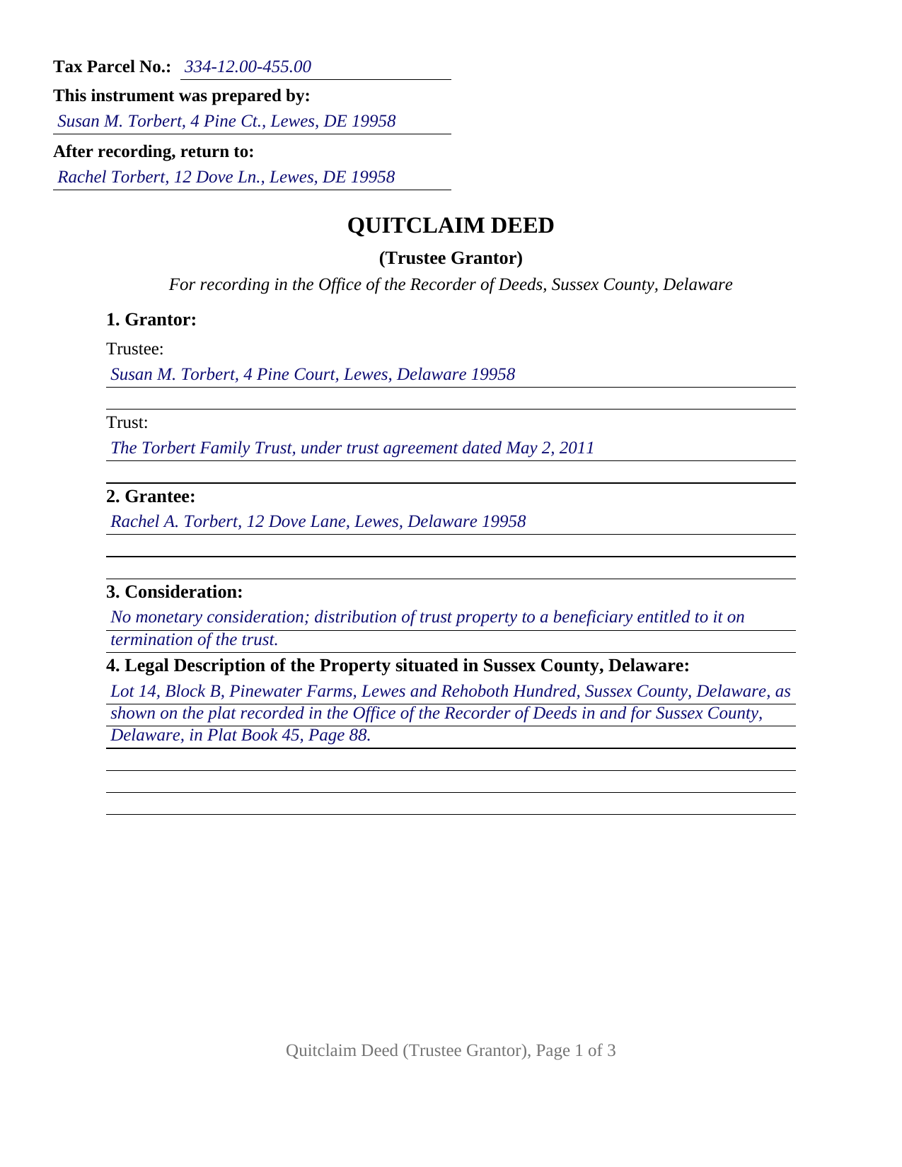Sussex County Sussex County Completed Example of the Quitclaim Deed (Trustee Grantor) Document