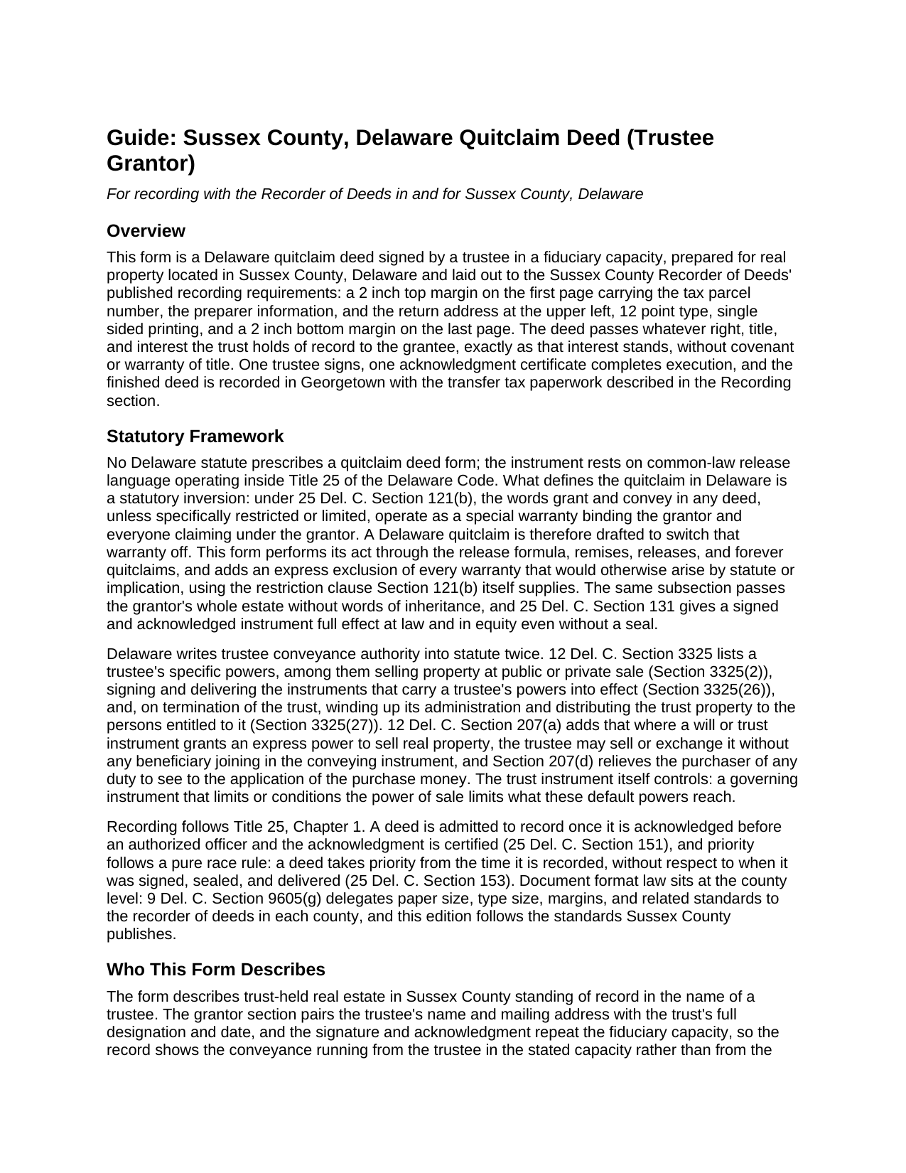 Sussex County Sussex County Quitclaim Deed (Trustee Grantor) Guide