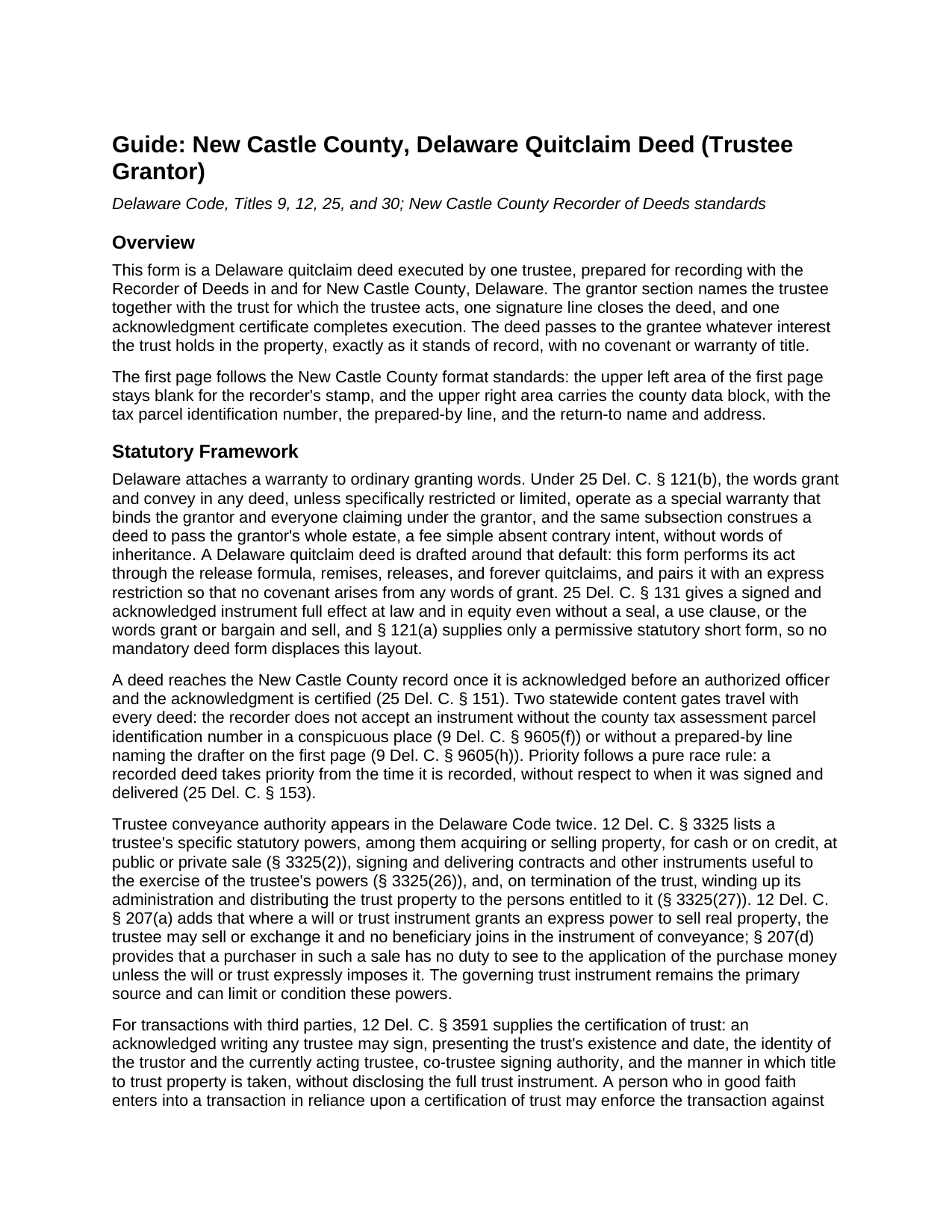 New Castle County New Castle County Quitclaim Deed (Trustee Grantor) Guide