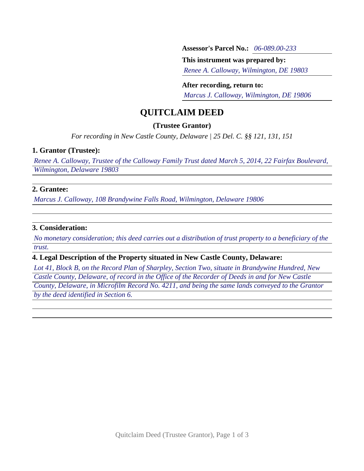 New Castle County New Castle County Completed Example of the Quitclaim Deed (Trustee Grantor) Document