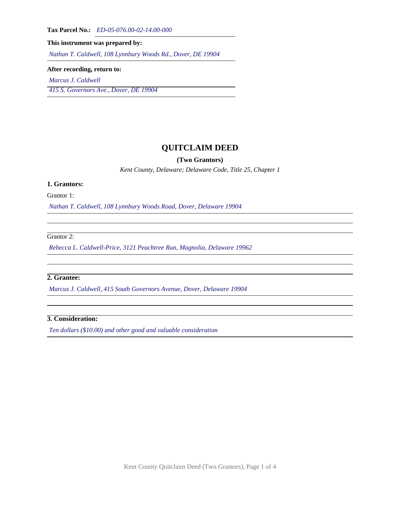Kent County Kent County Completed Example of the Quitclaim Deed (Two Grantors) Document