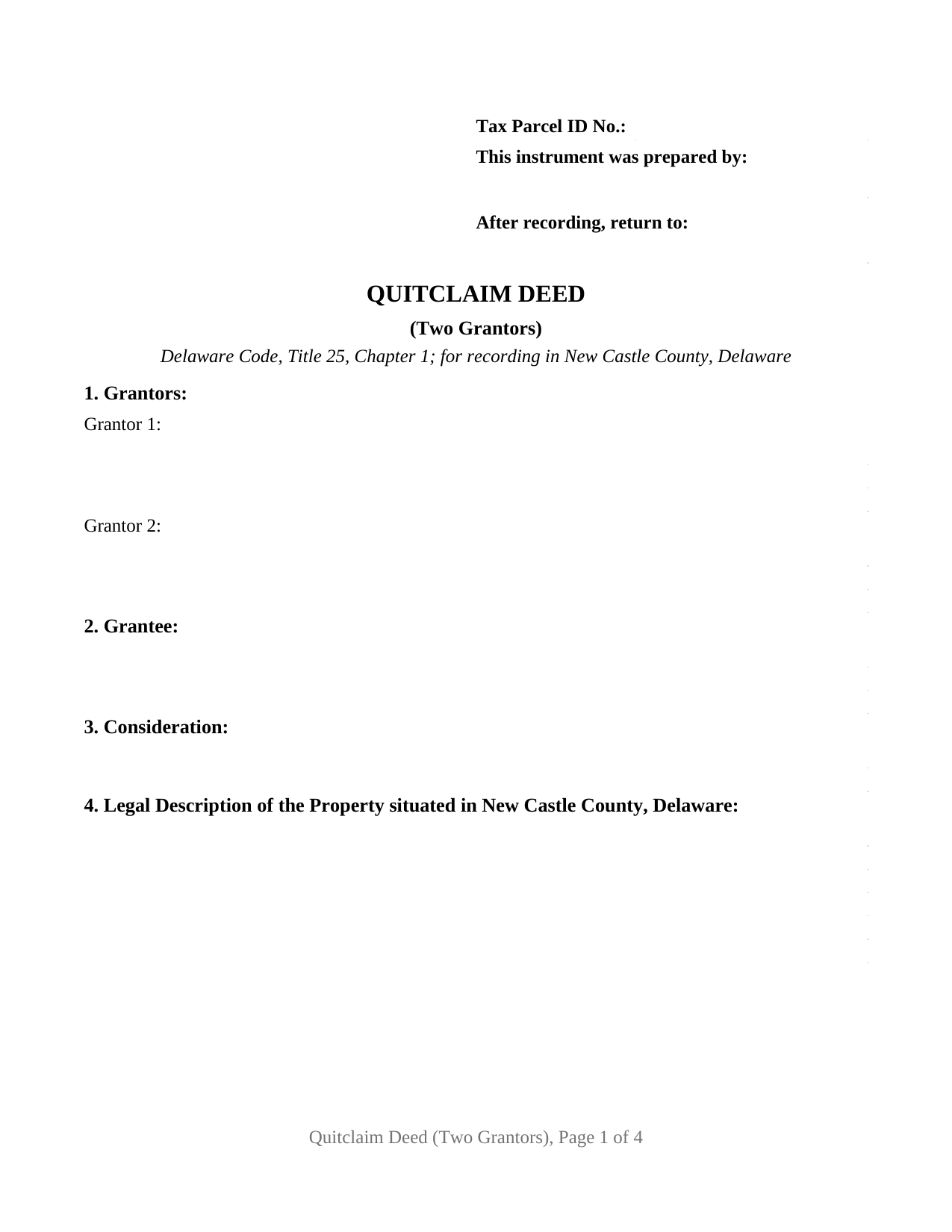 New Castle County New Castle County Quitclaim Deed (Two Grantors) Form
