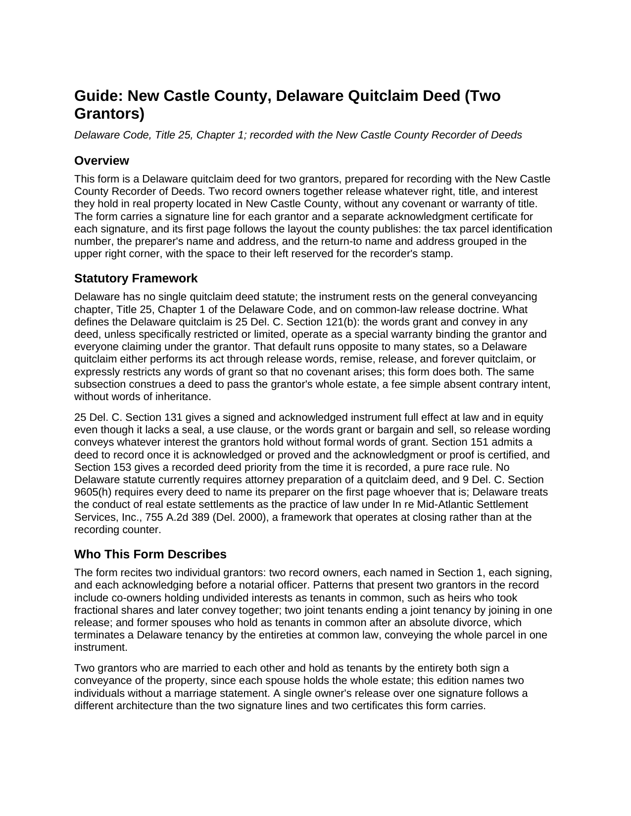 New Castle County New Castle County Quitclaim Deed (Two Grantors) Guide