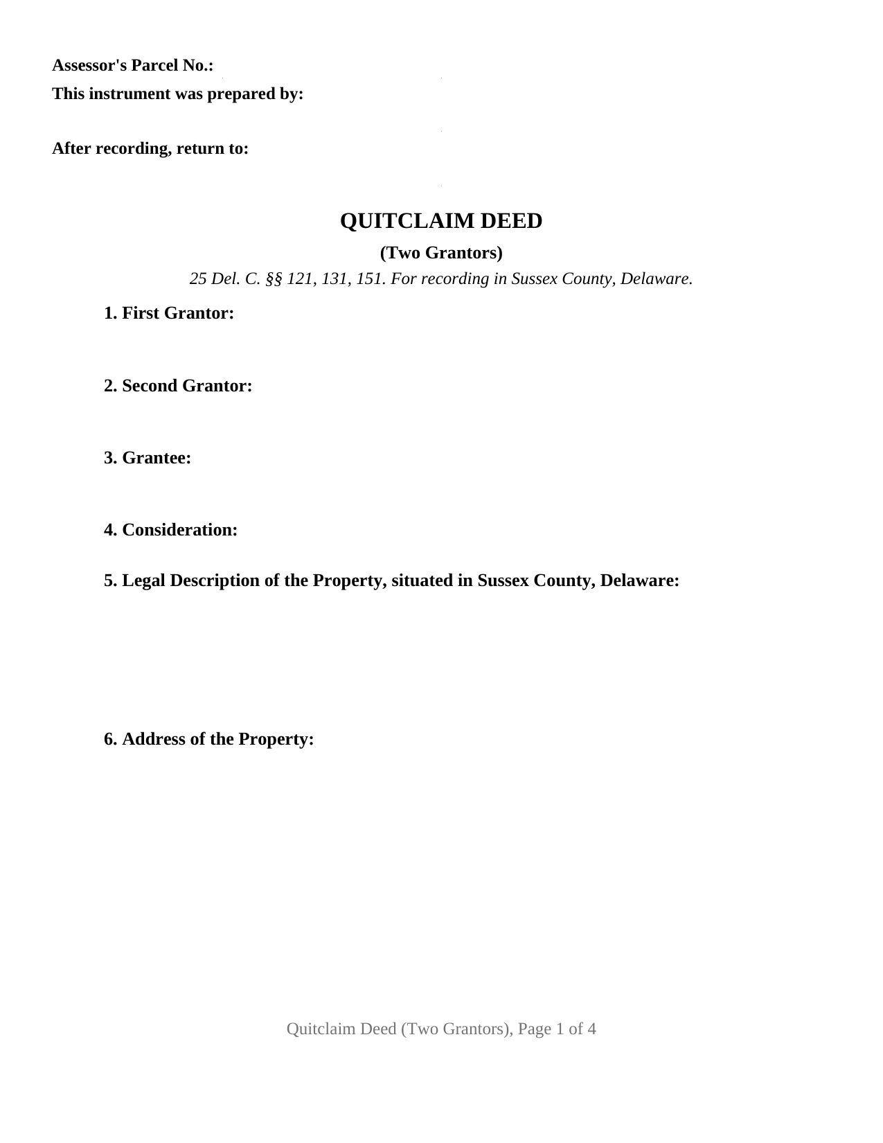 Sussex County Sussex County Quitclaim Deed (Two Grantors) Form