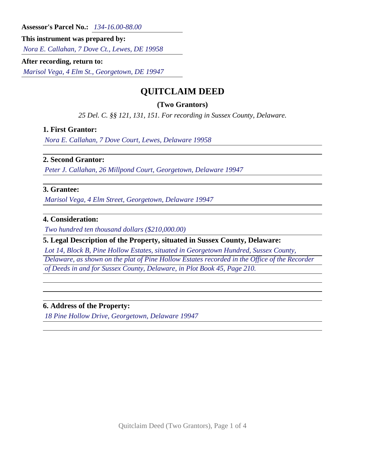 Sussex County Sussex County Completed Example of the Quitclaim Deed (Two Grantors) Document
