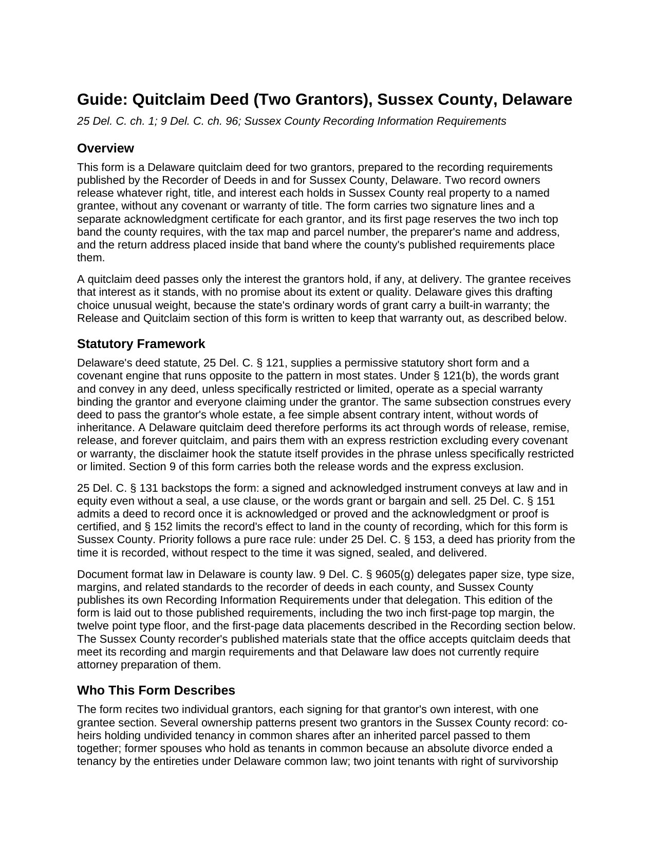 Sussex County Sussex County Quitclaim Deed (Two Grantors) Guide