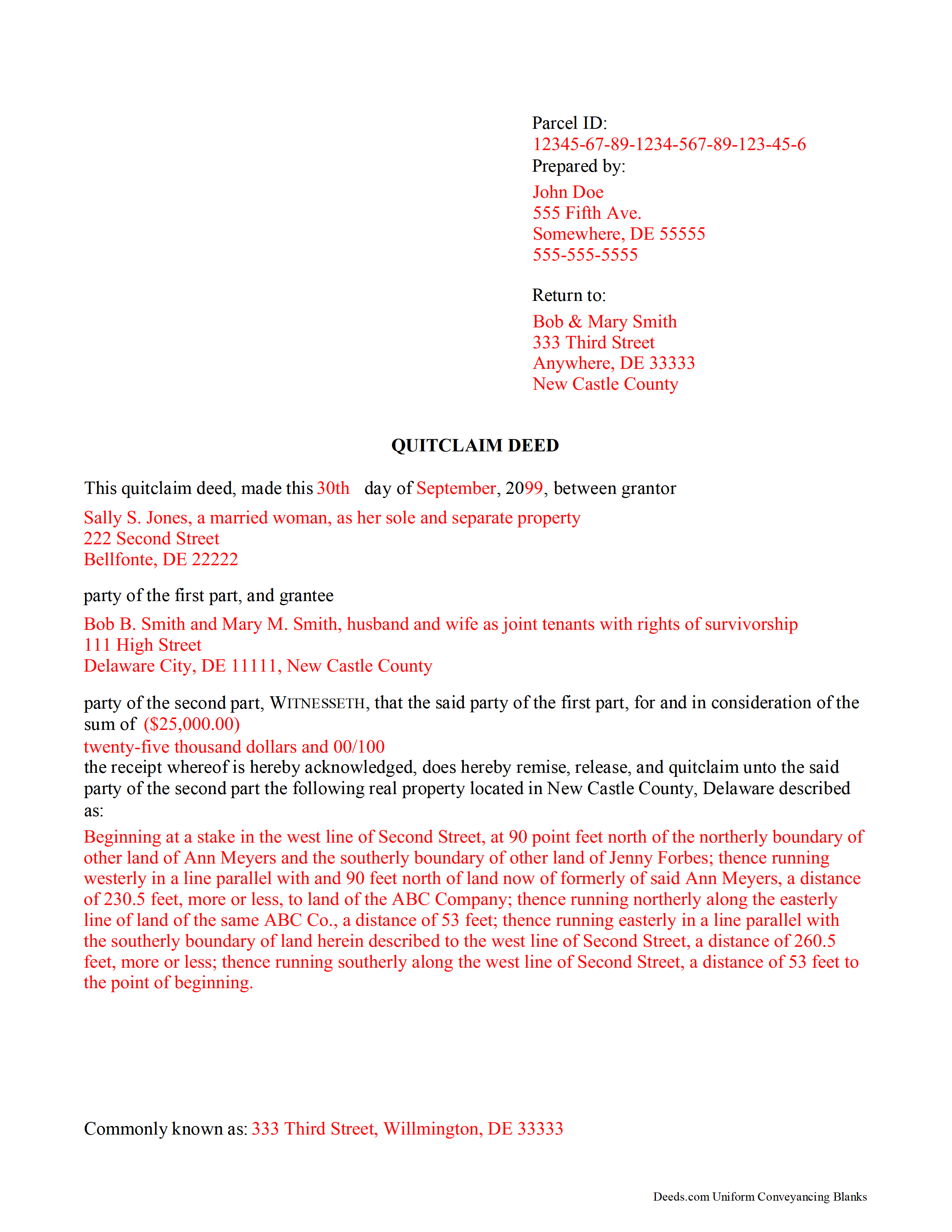 New Castle County Completed Example of the Quitclaim Deed Document