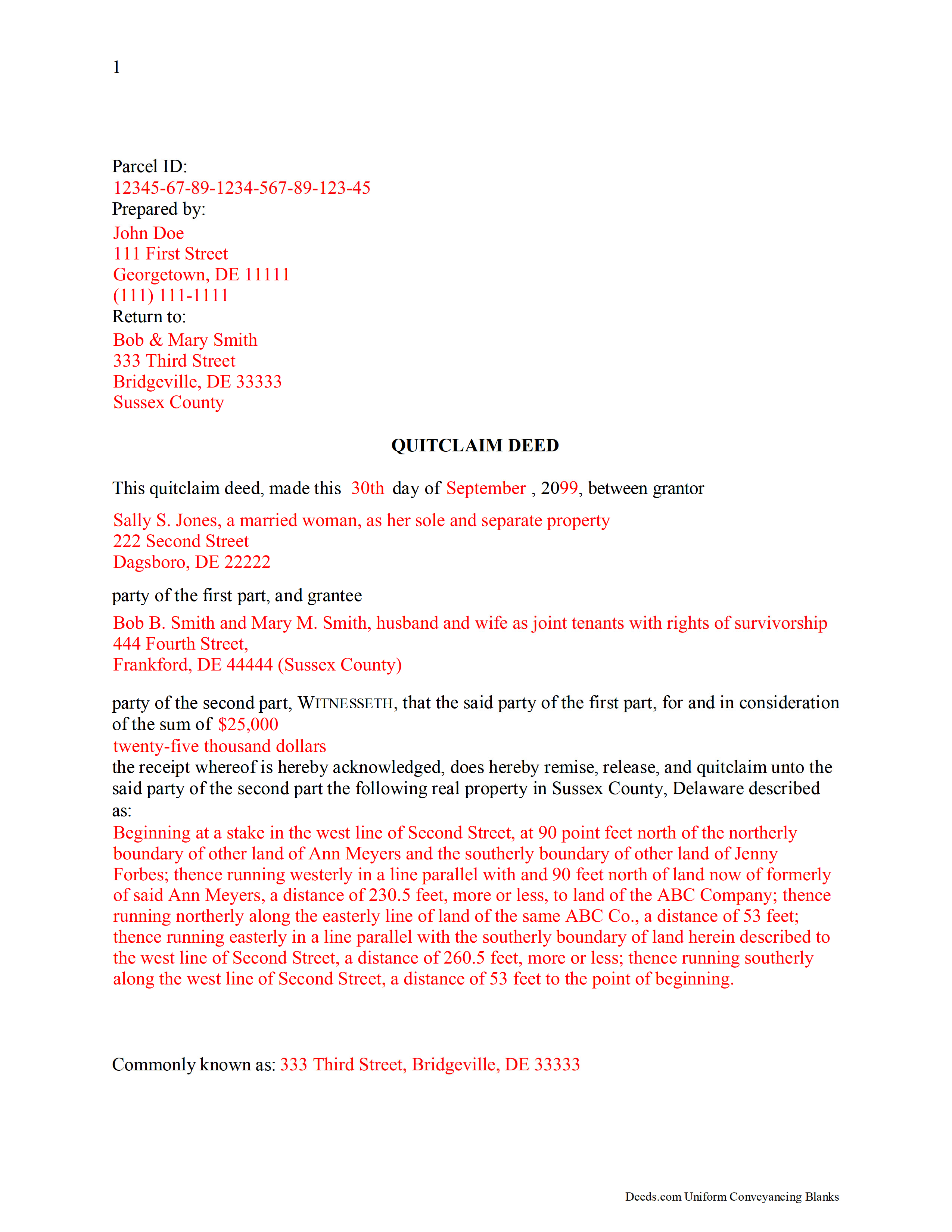 Sussex County Completed Example of the Quitclaim Deed Document