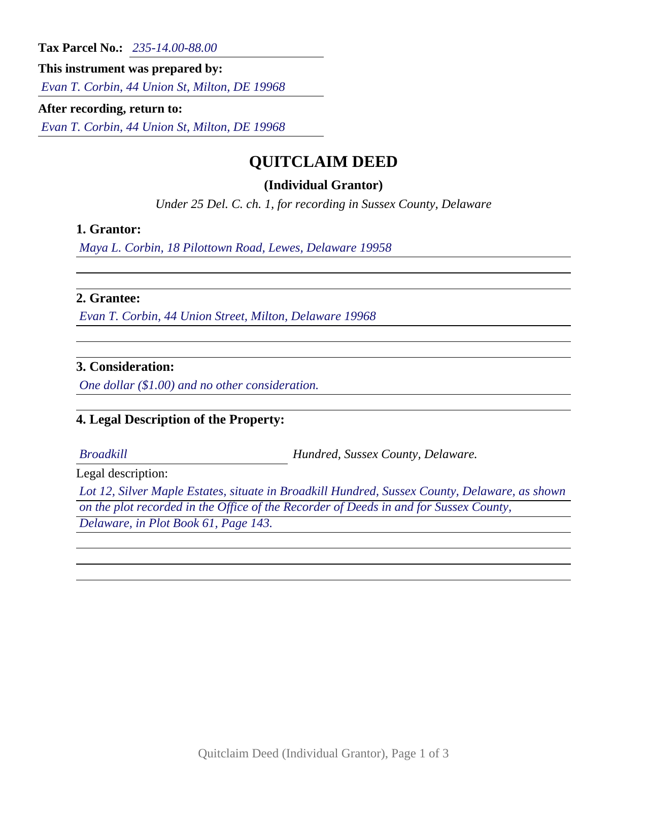 Sussex County Sussex County Completed Example of the Quitclaim Deed Document