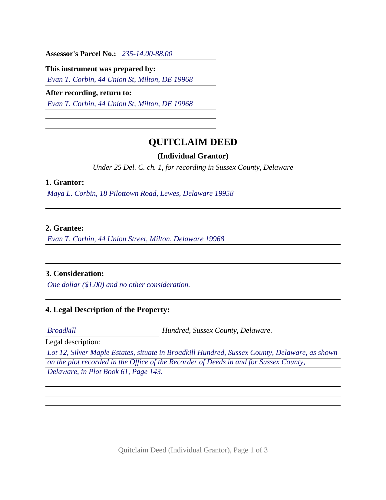 Sussex County Sussex County Completed Example of the Quitclaim Deed Document