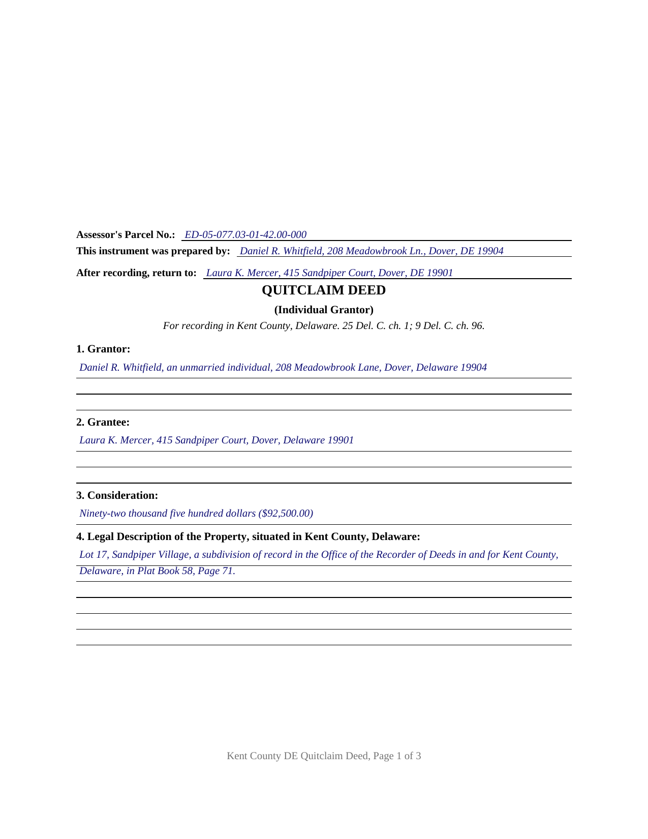 Kent County Kent County Completed Example of the Quitclaim Deed Document