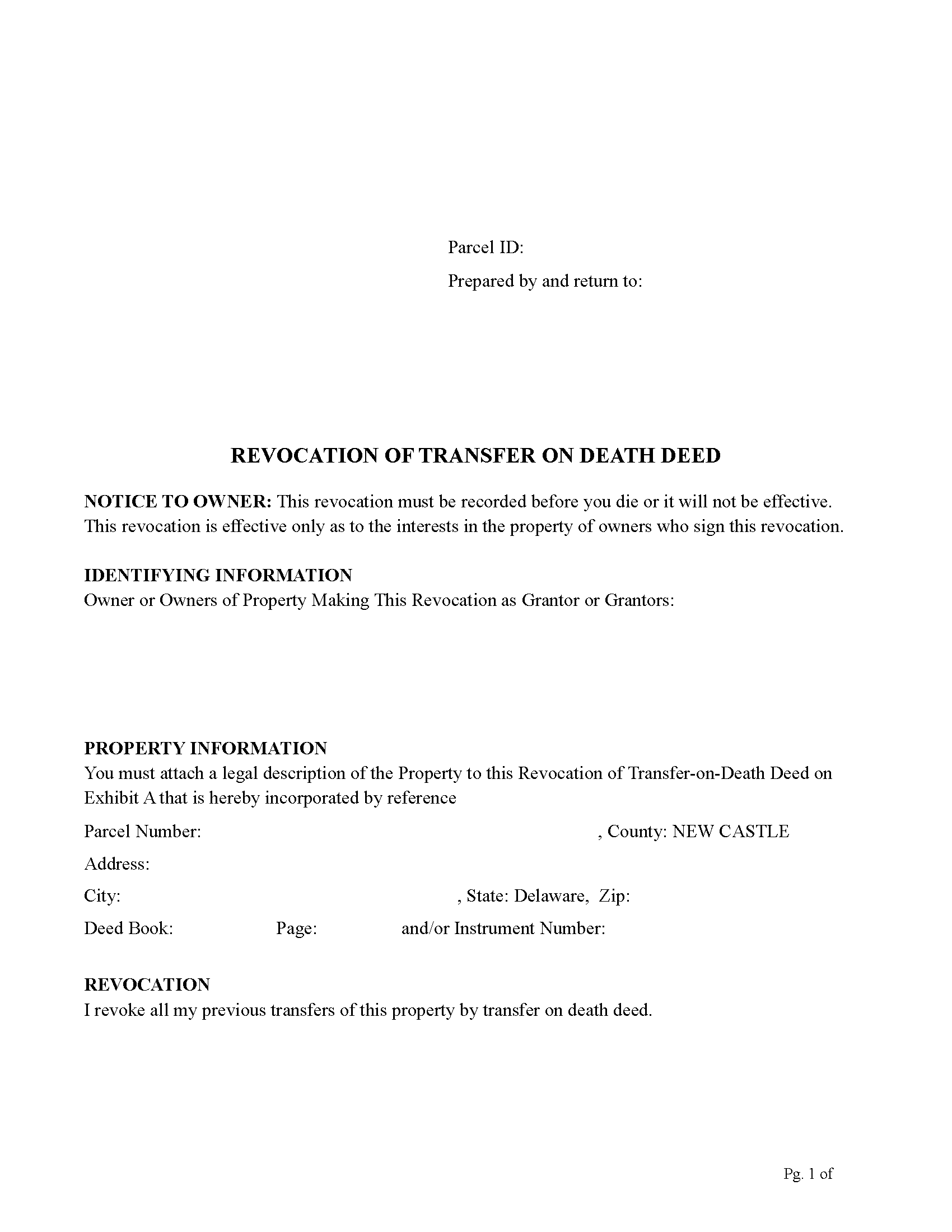 New Castle County Revocation of Transfer on Death Deed Form