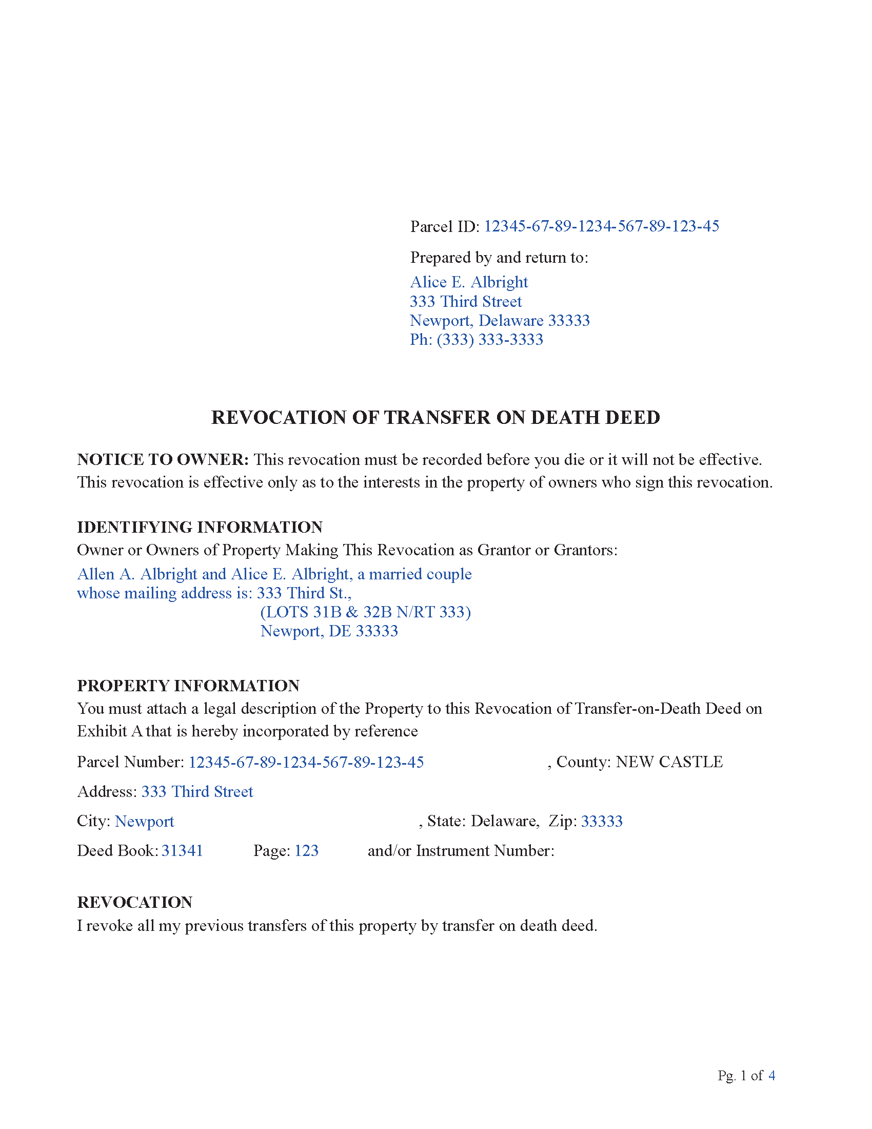 New Castle County Completed Example of the Revocation of Transfer on Death Deed Document