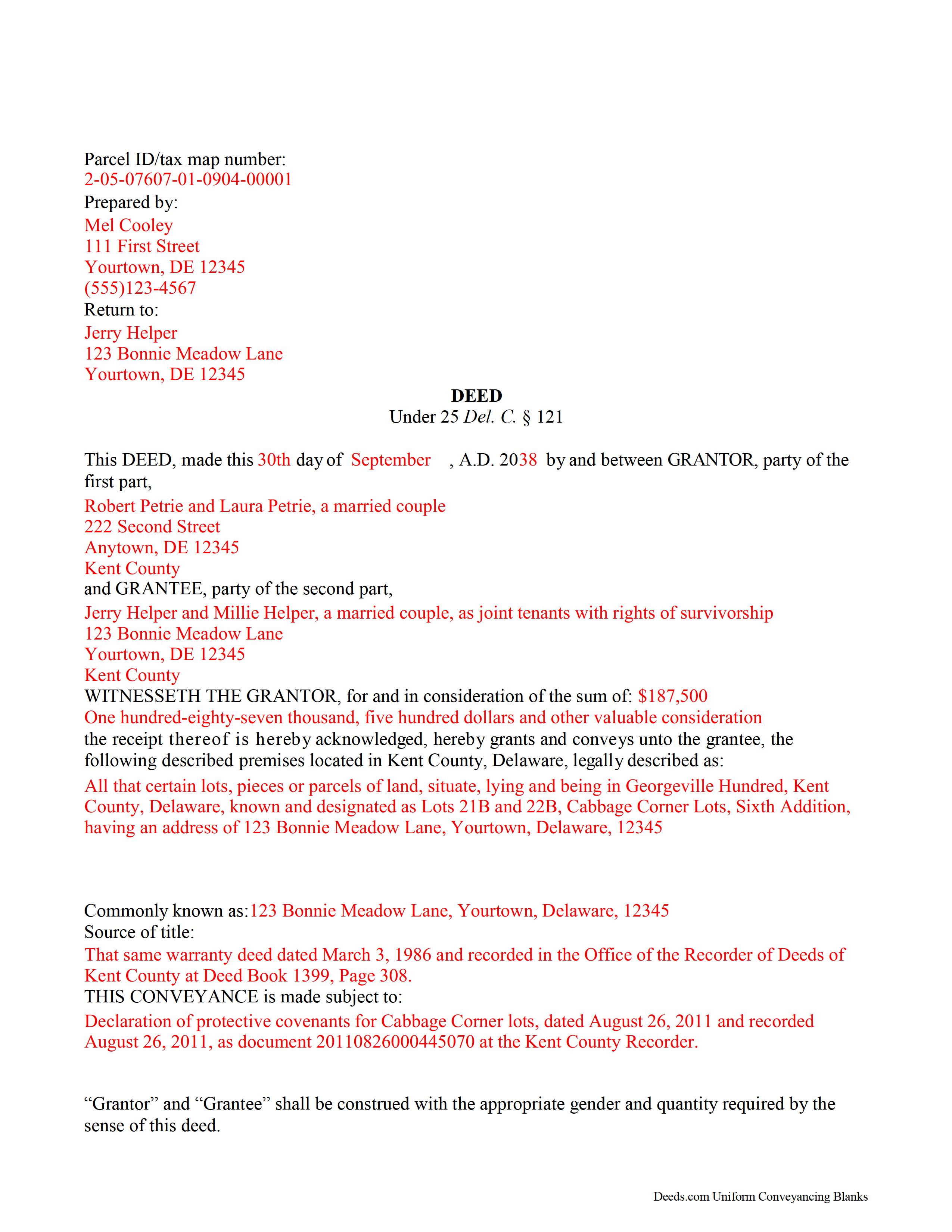 Kent County Completed Example of the Special Warranty Deed Document