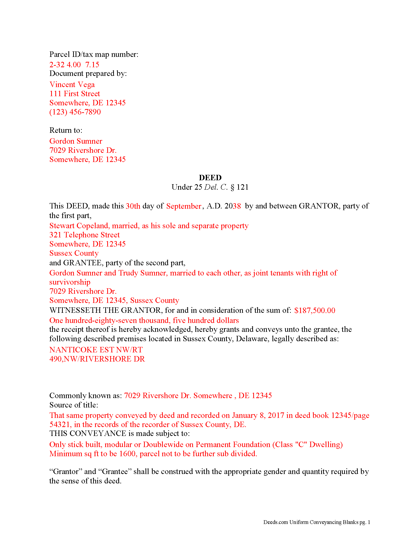 Sussex County Completed Example of the Special Warranty Deed Document