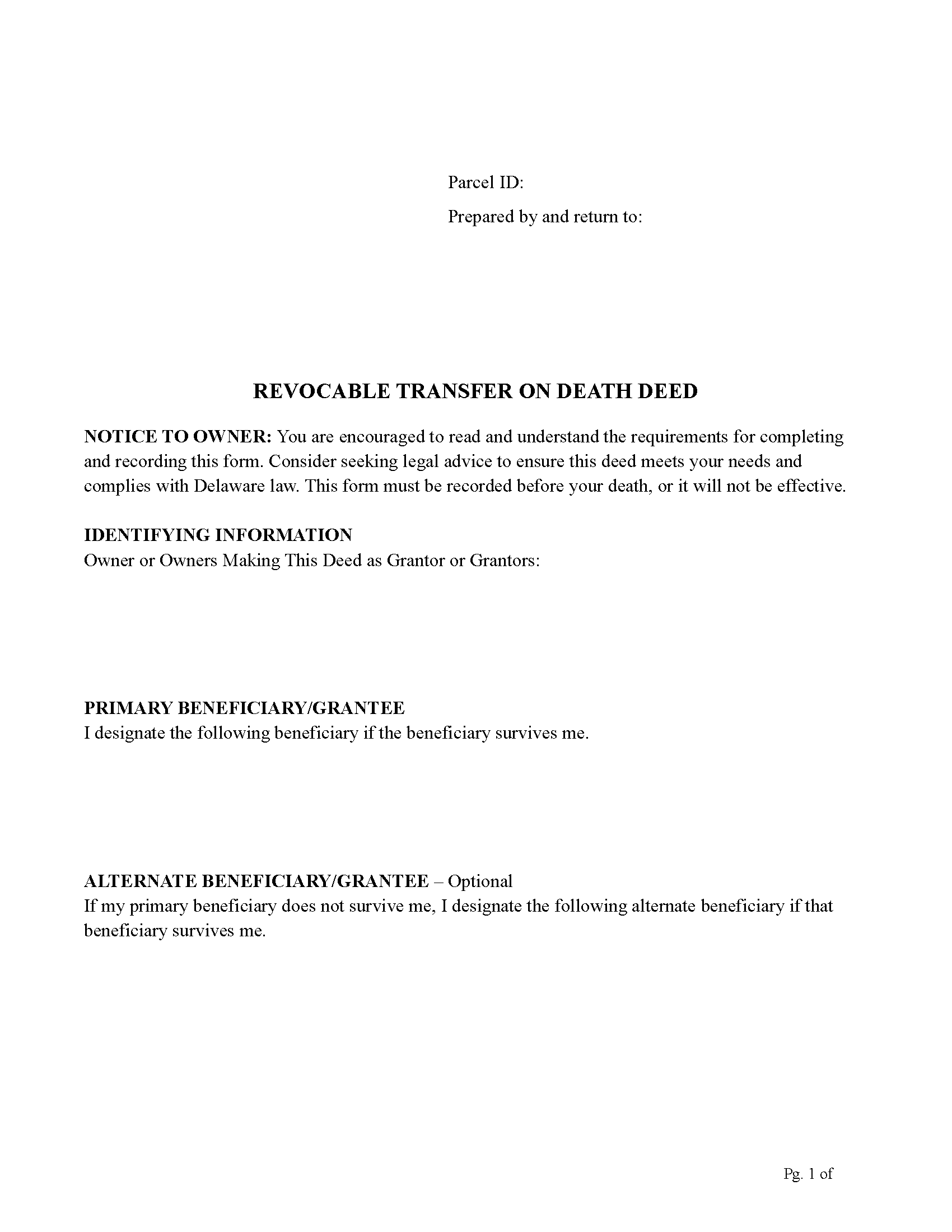 New Castle County Transfer on Death Deed Form