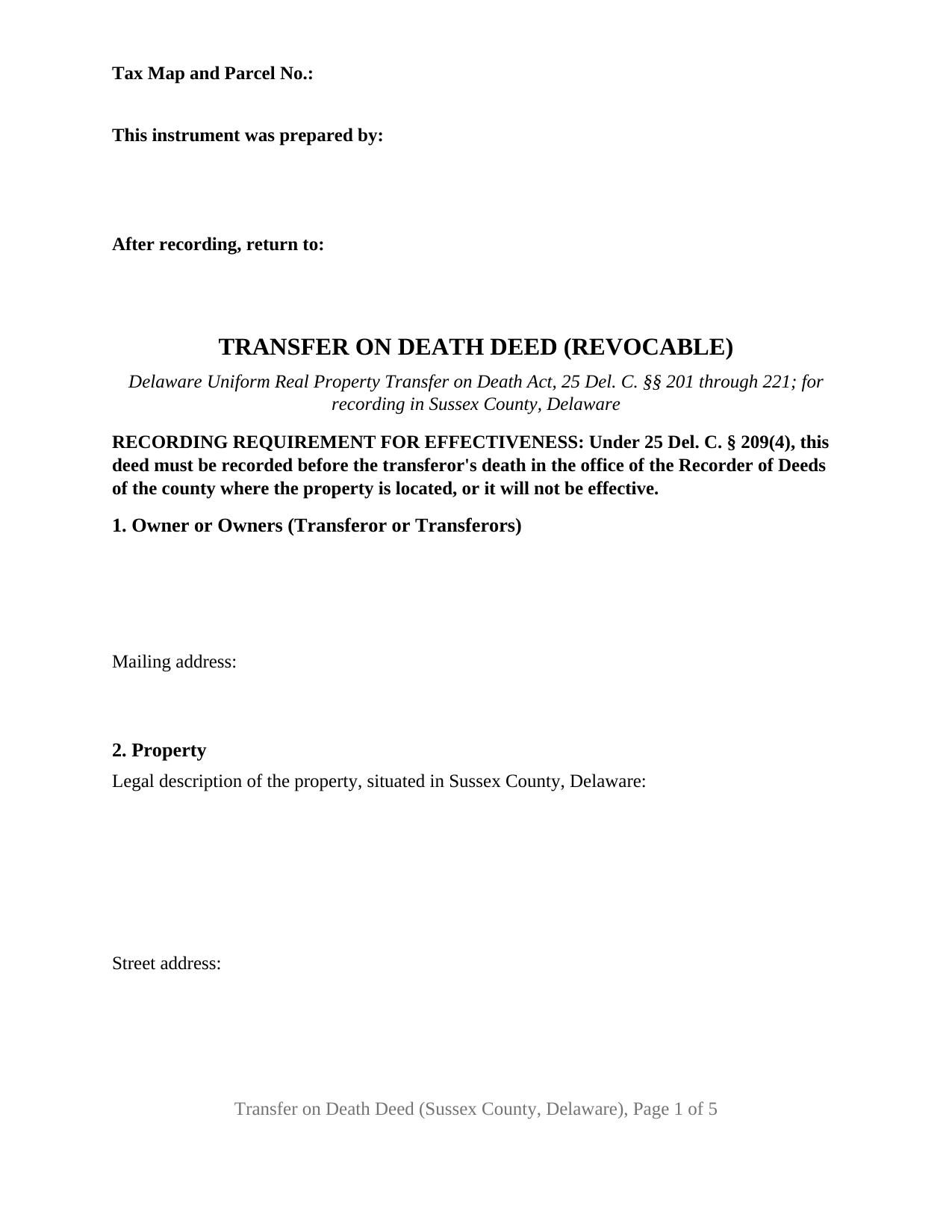 Sussex County Transfer on Death Deed Form