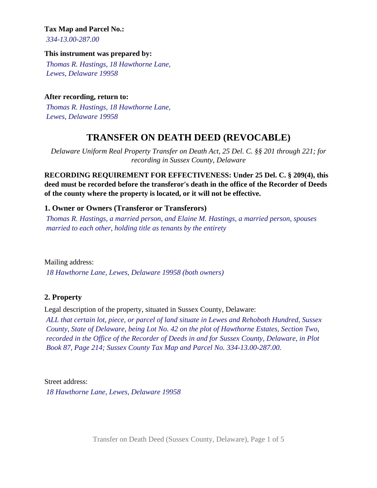 Sussex County Completed Example of the Transfer on Death Deed Document