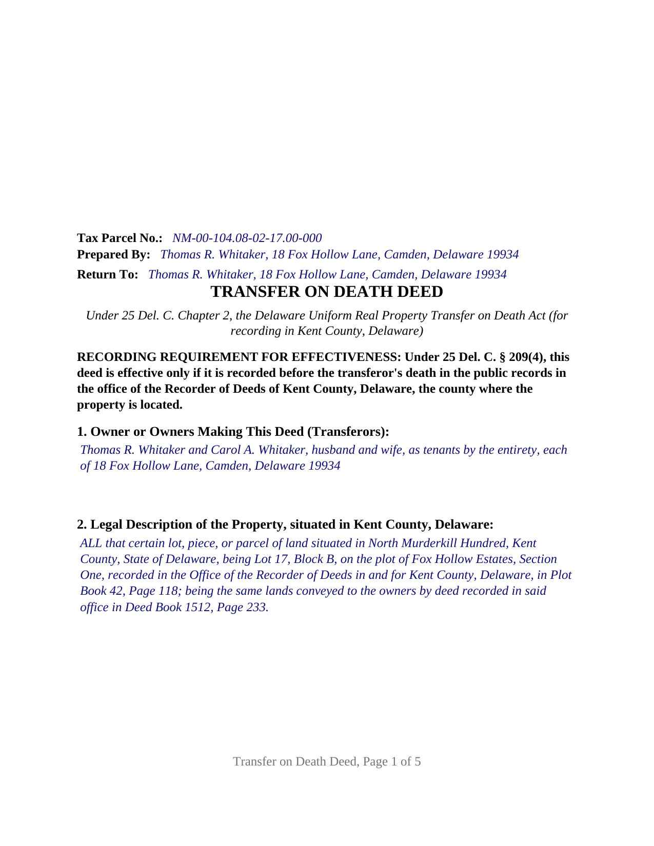 Kent County Completed Example of the Transfer on Death Deed Document