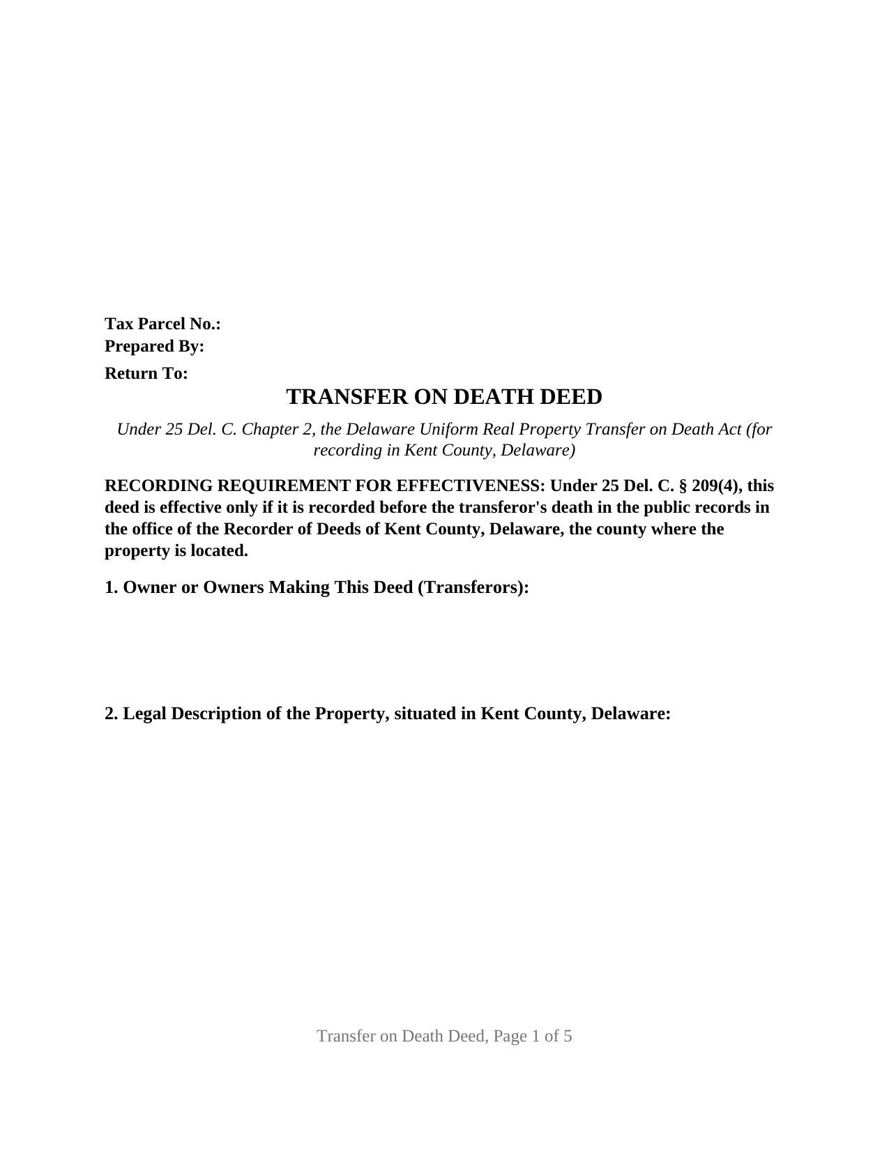 Kent County Transfer on Death Deed Form