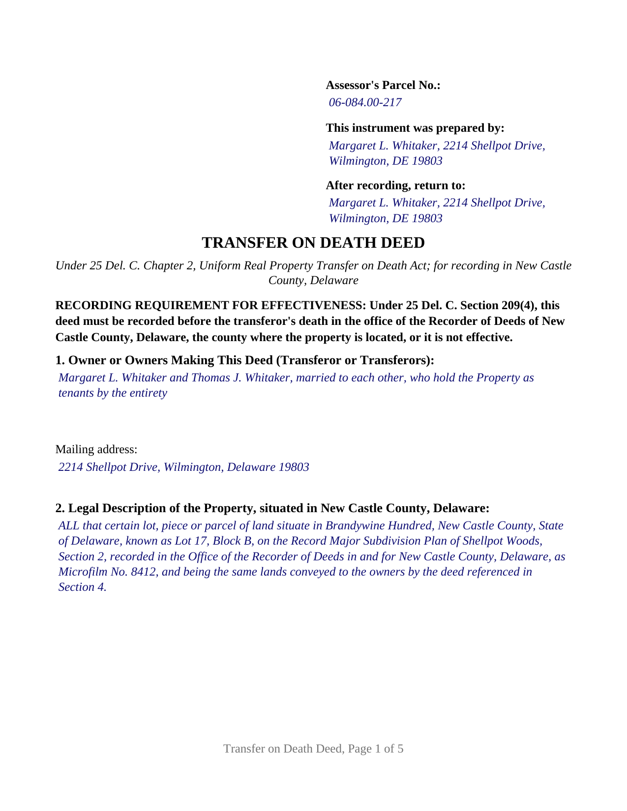 New Castle County Completed Example of the Transfer on Death Deed Document