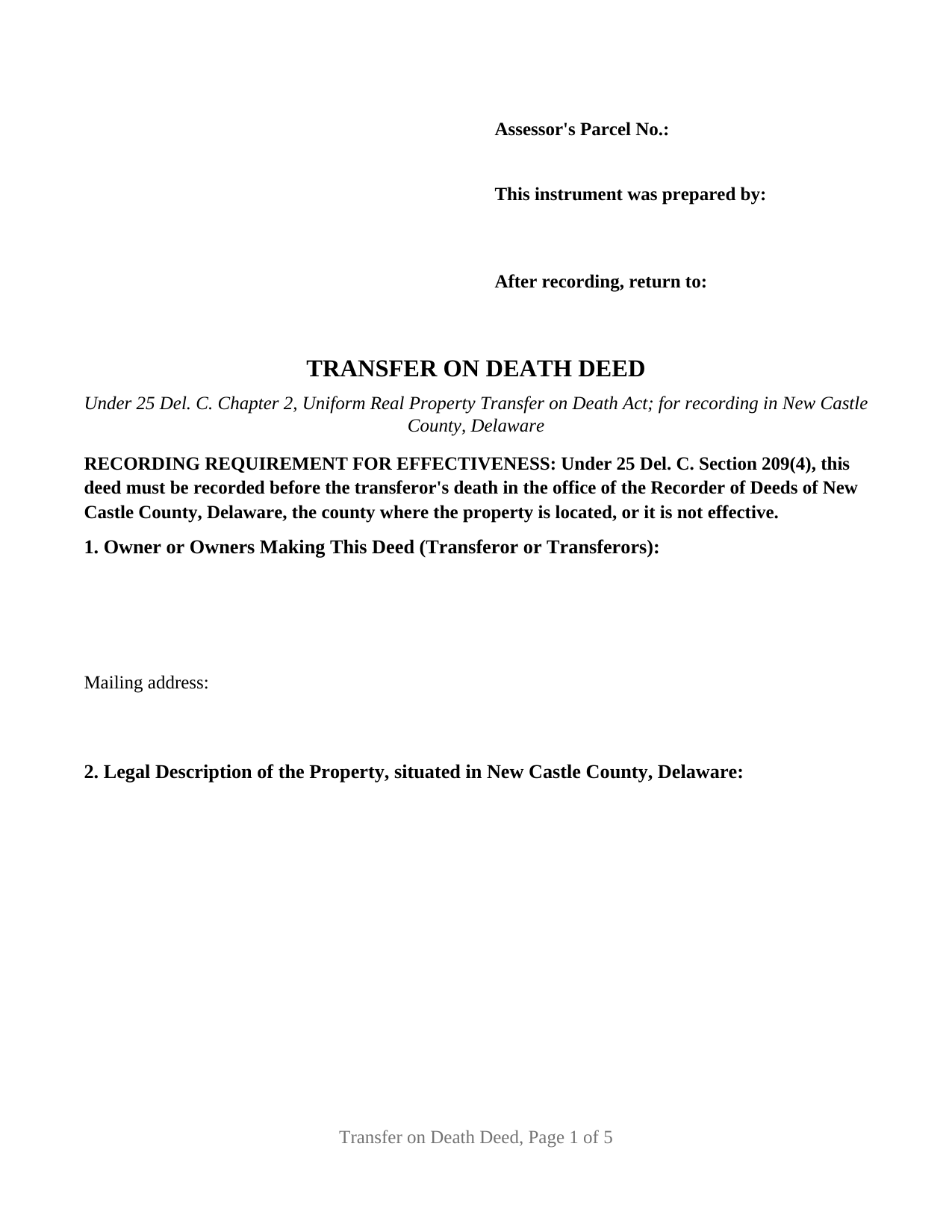 New Castle County Transfer on Death Deed Form