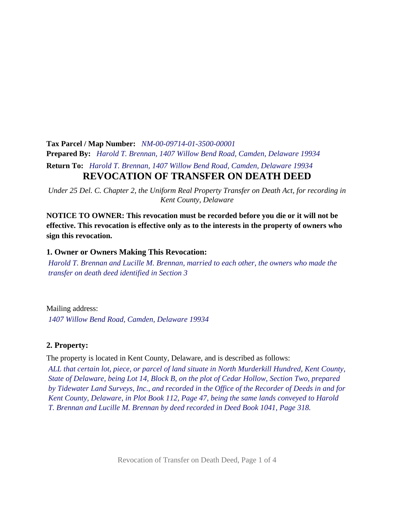 Kent County Completed Example of the Transfer on Death Revocation Document
