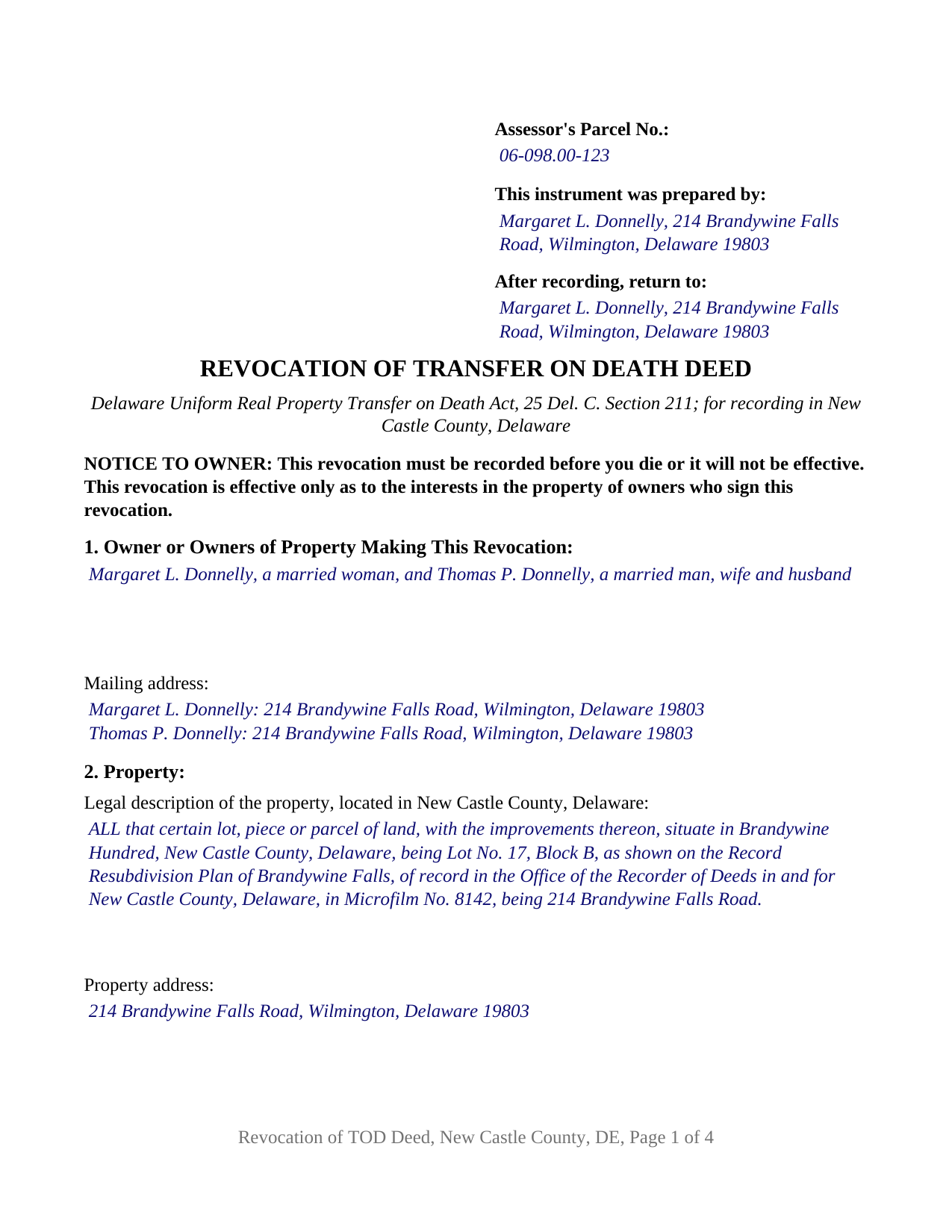 New Castle County Completed Example of the Transfer on Death Revocation Document