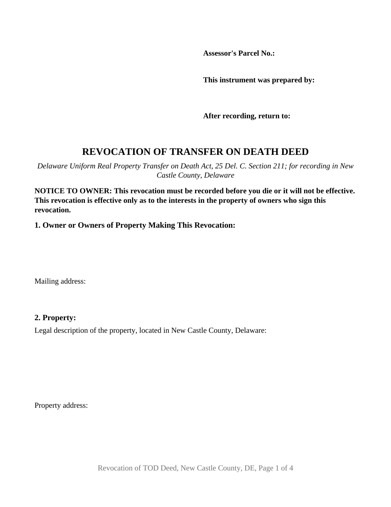 New Castle County Transfer on Death Revocation Form
