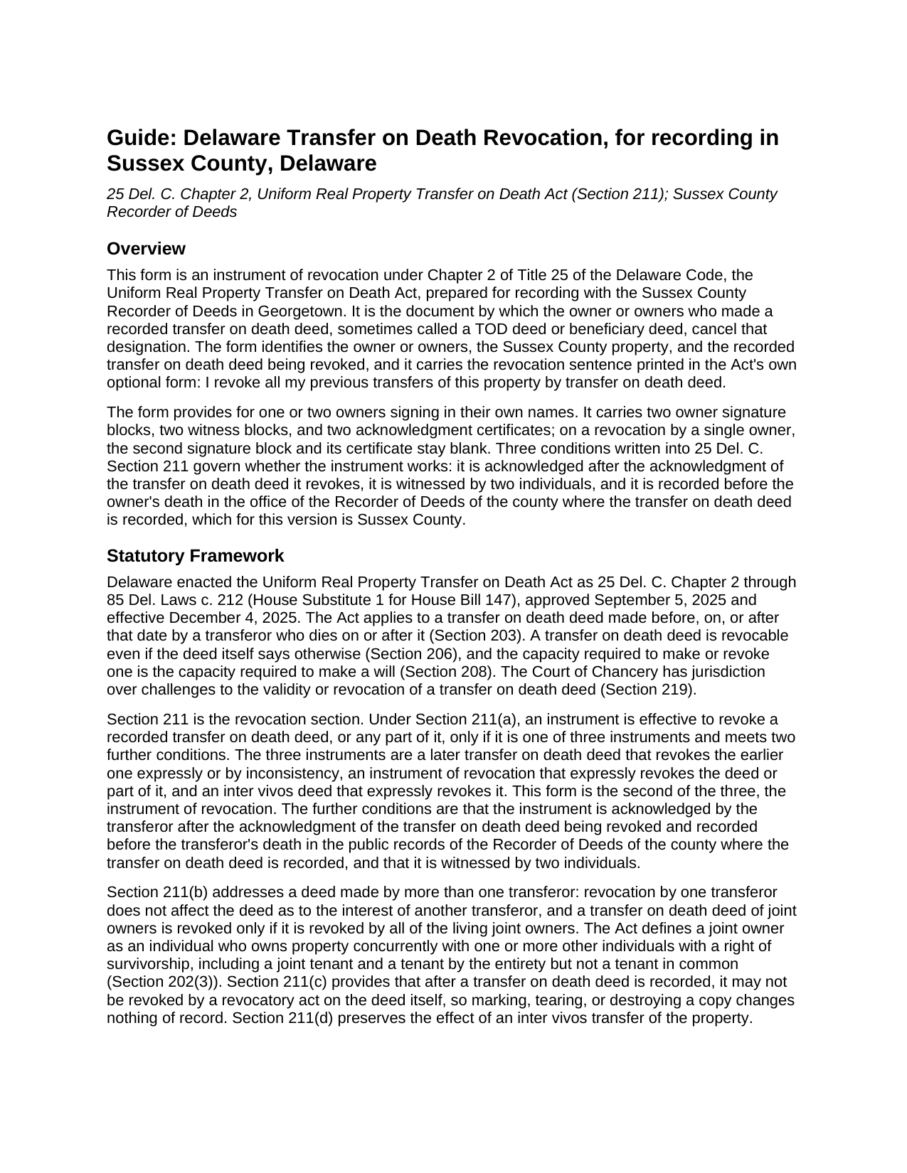 Sussex County Transfer on Death Revocation Guide