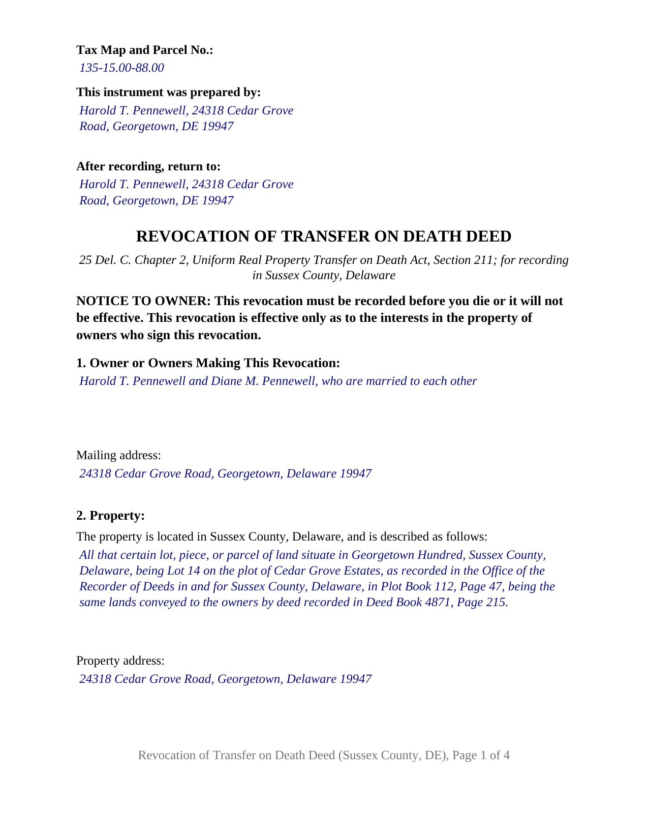 Sussex County Completed Example of the Transfer on Death Revocation Document