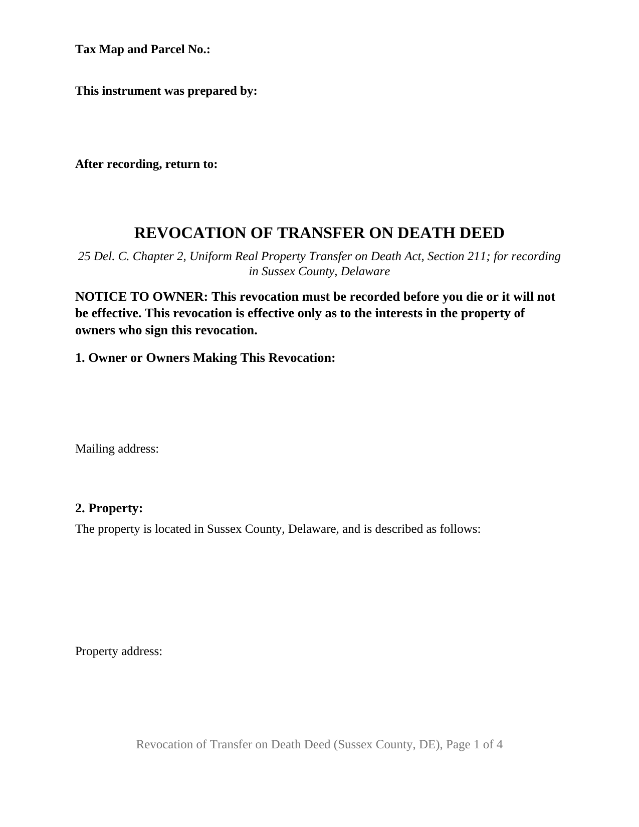 Sussex County Transfer on Death Revocation Form