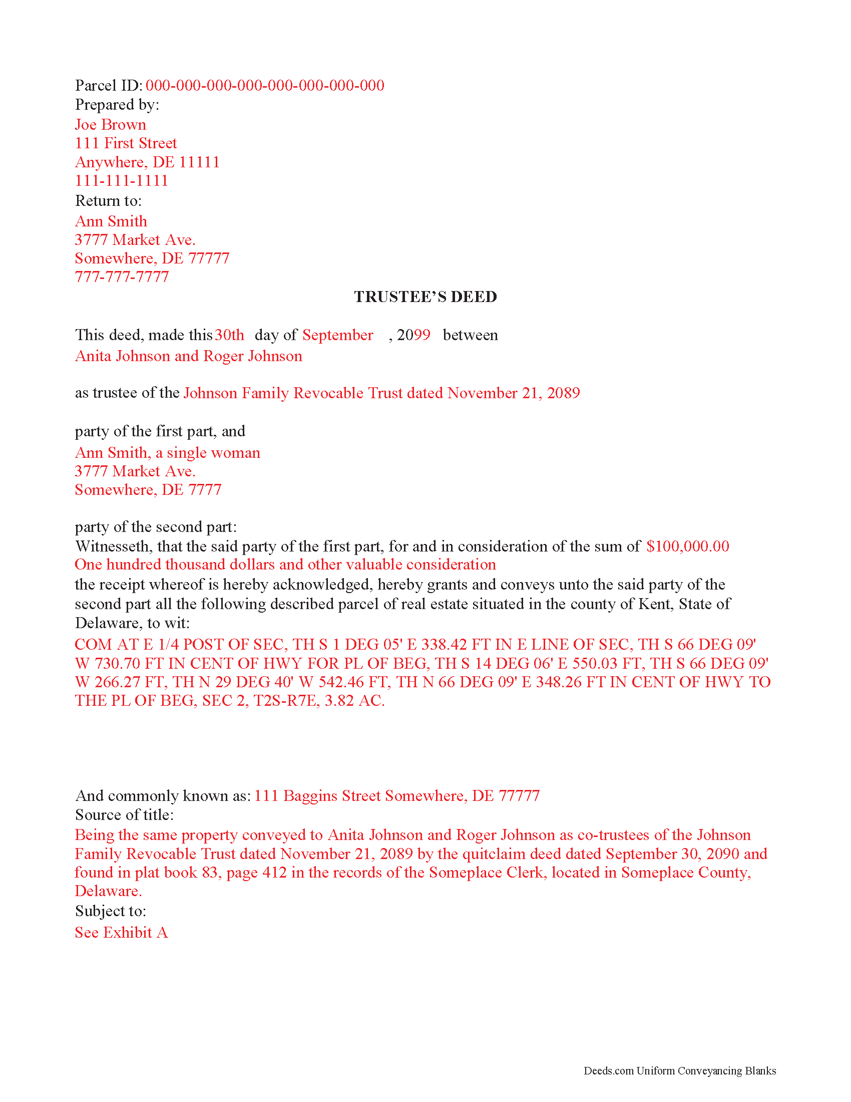 Completed Example of the Trustee Deed Document