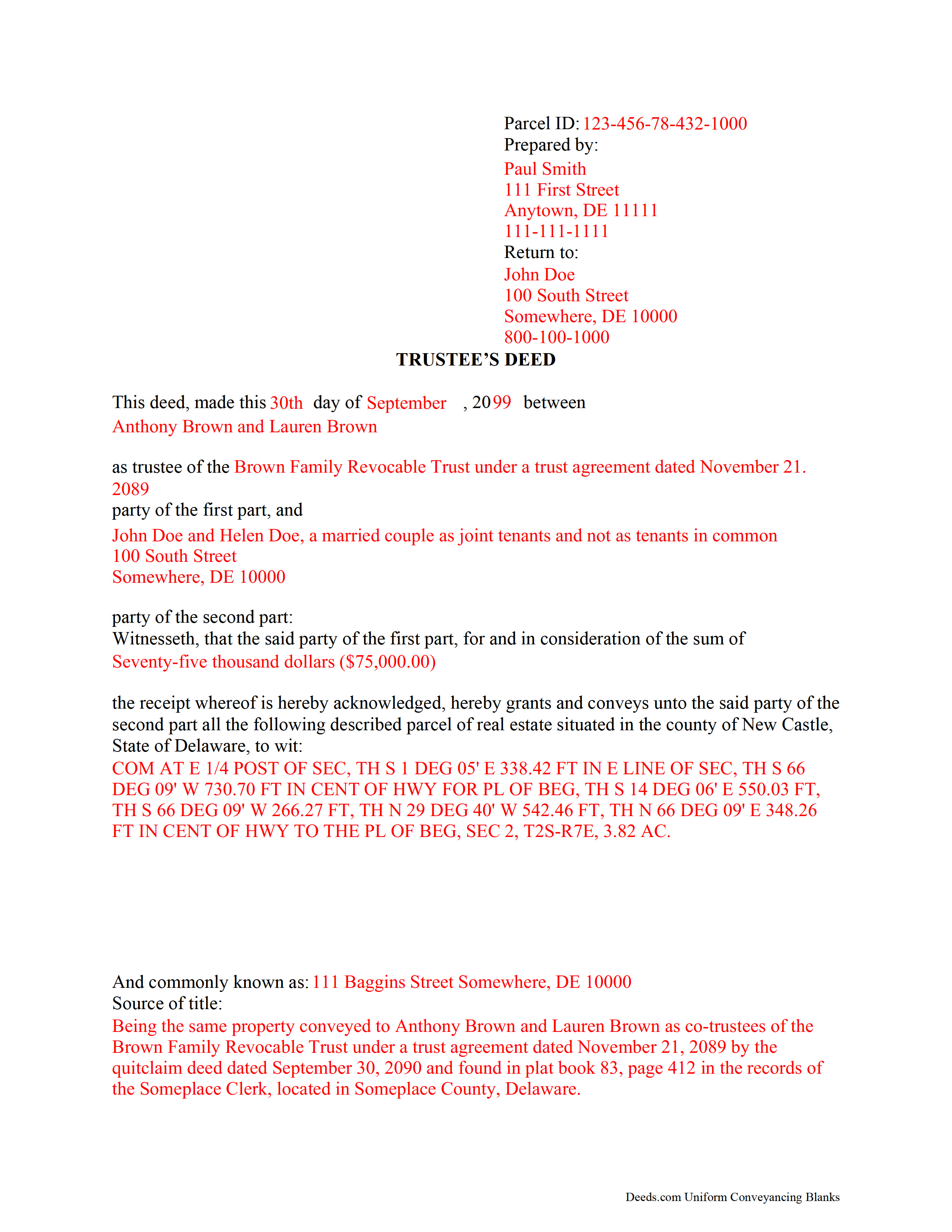 New Castle County Completed Example of the Trustee Deed Document