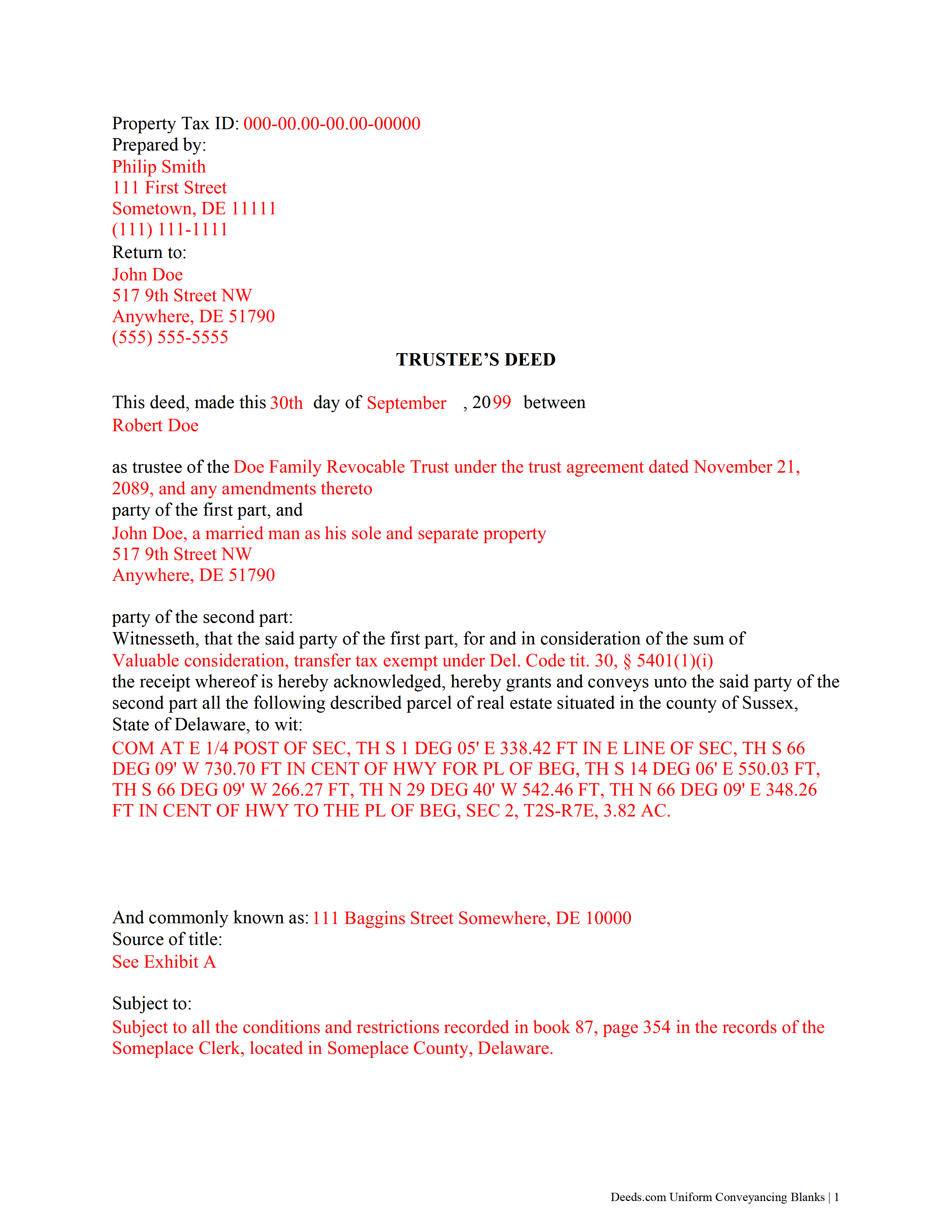 Sussex County Completed Example of the Trustee Deed Document